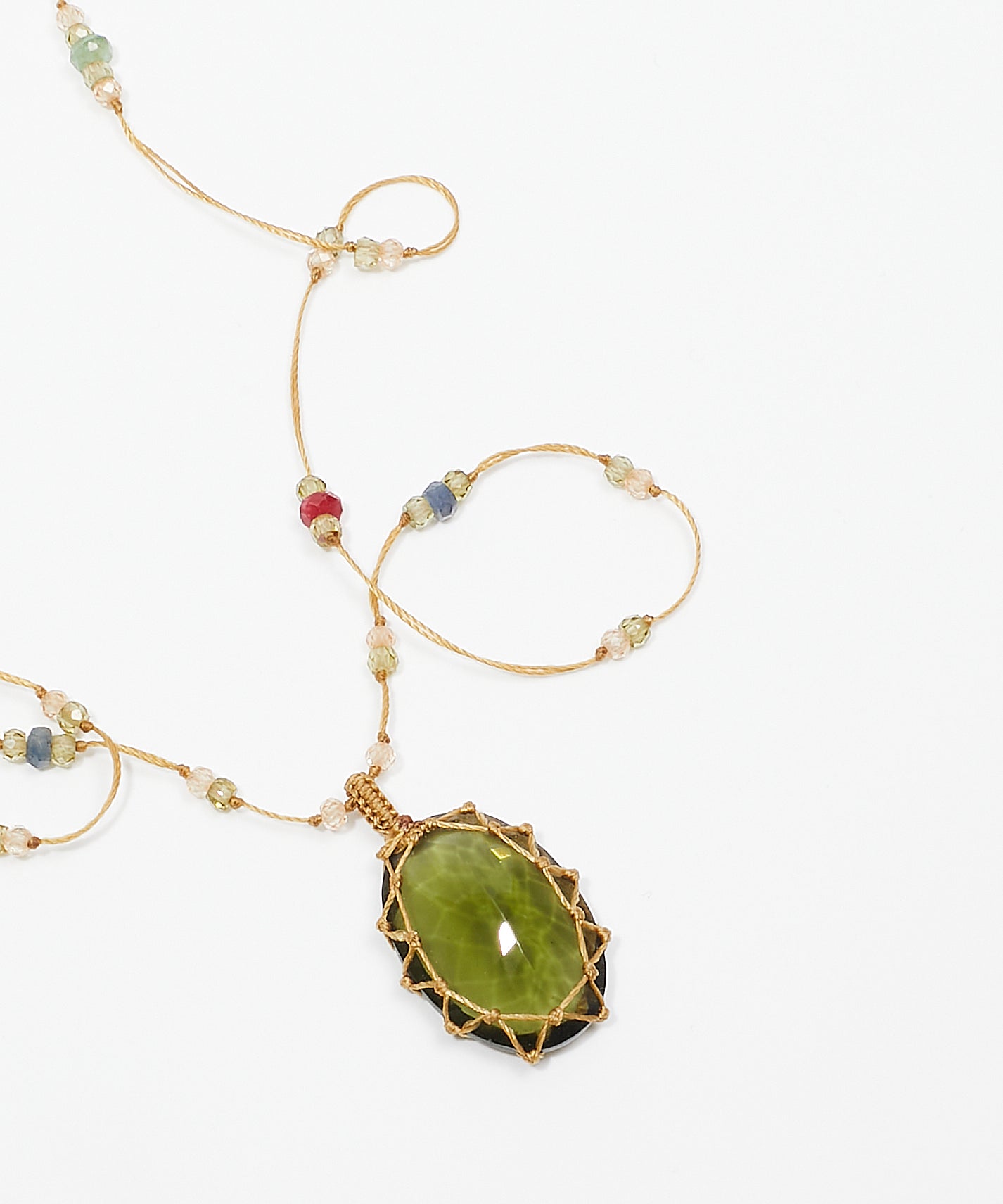 Tibetan Long Necklace - Moldavite - Precious Mix - Beige Thread