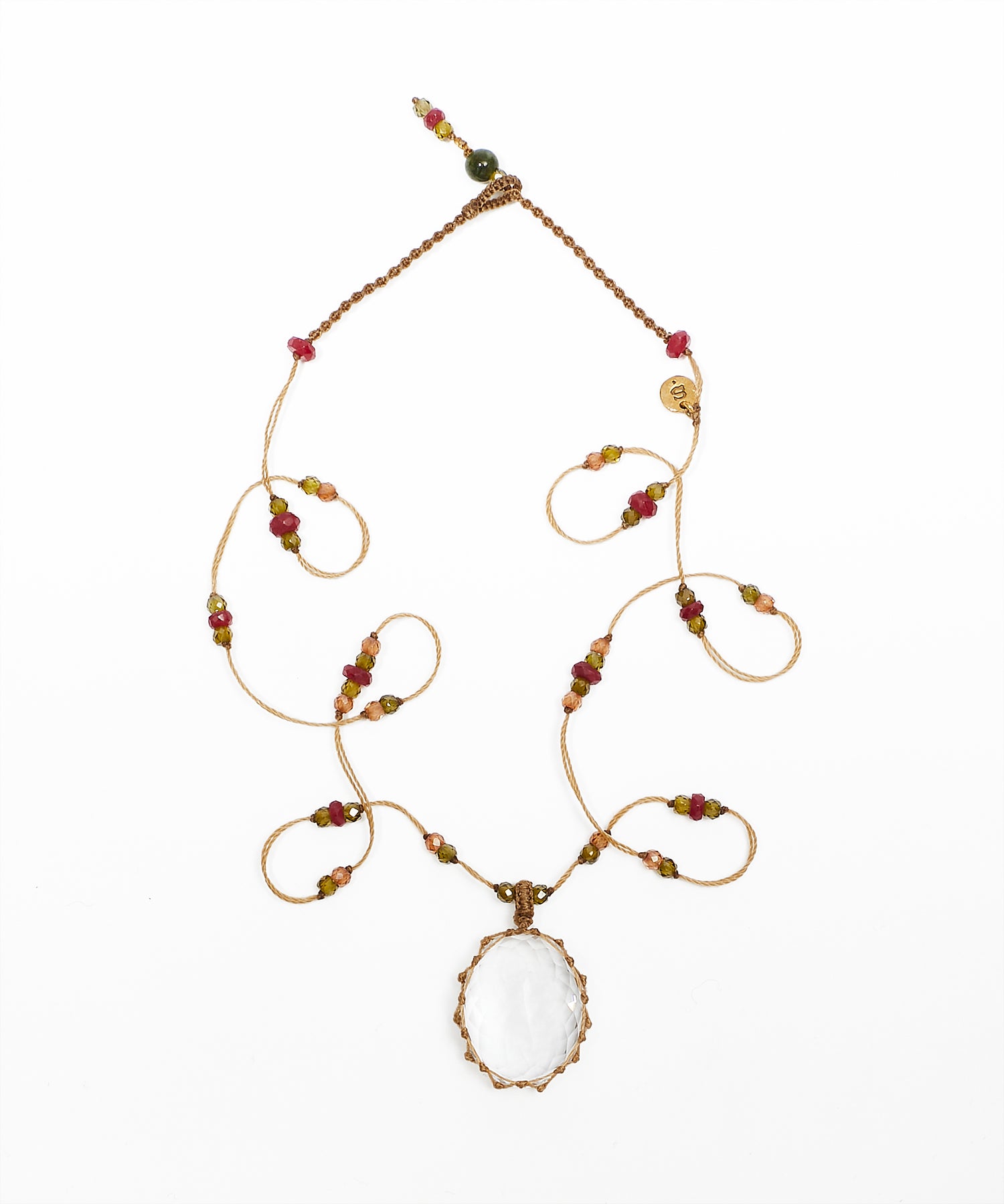 Collier Court Tibétain - Crystal Quartz - Mix Rubis - Fil Beige