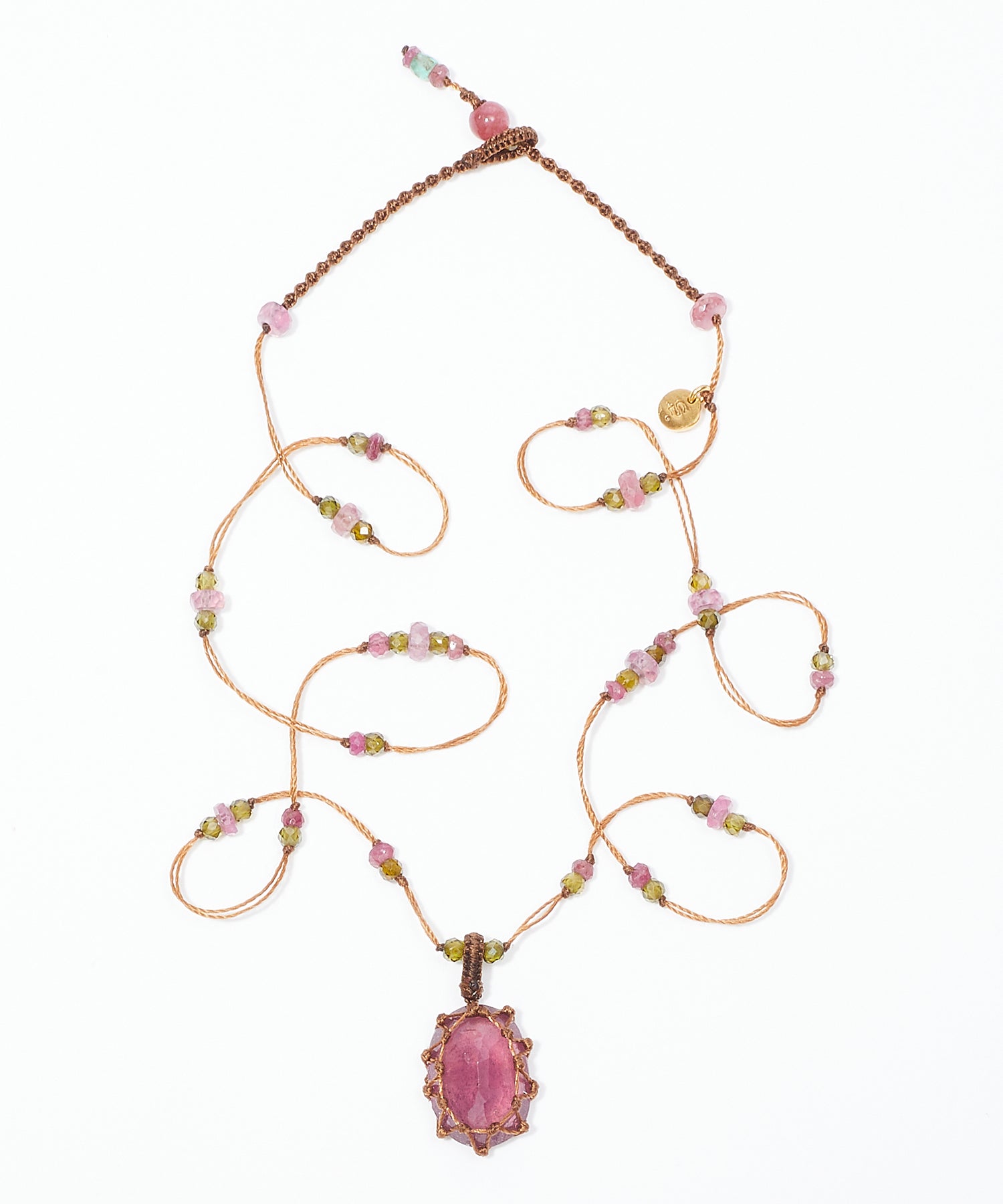 Collier Court Tibétain - Glassfilled Rose - Mix Tourmaline - Fil Tabac