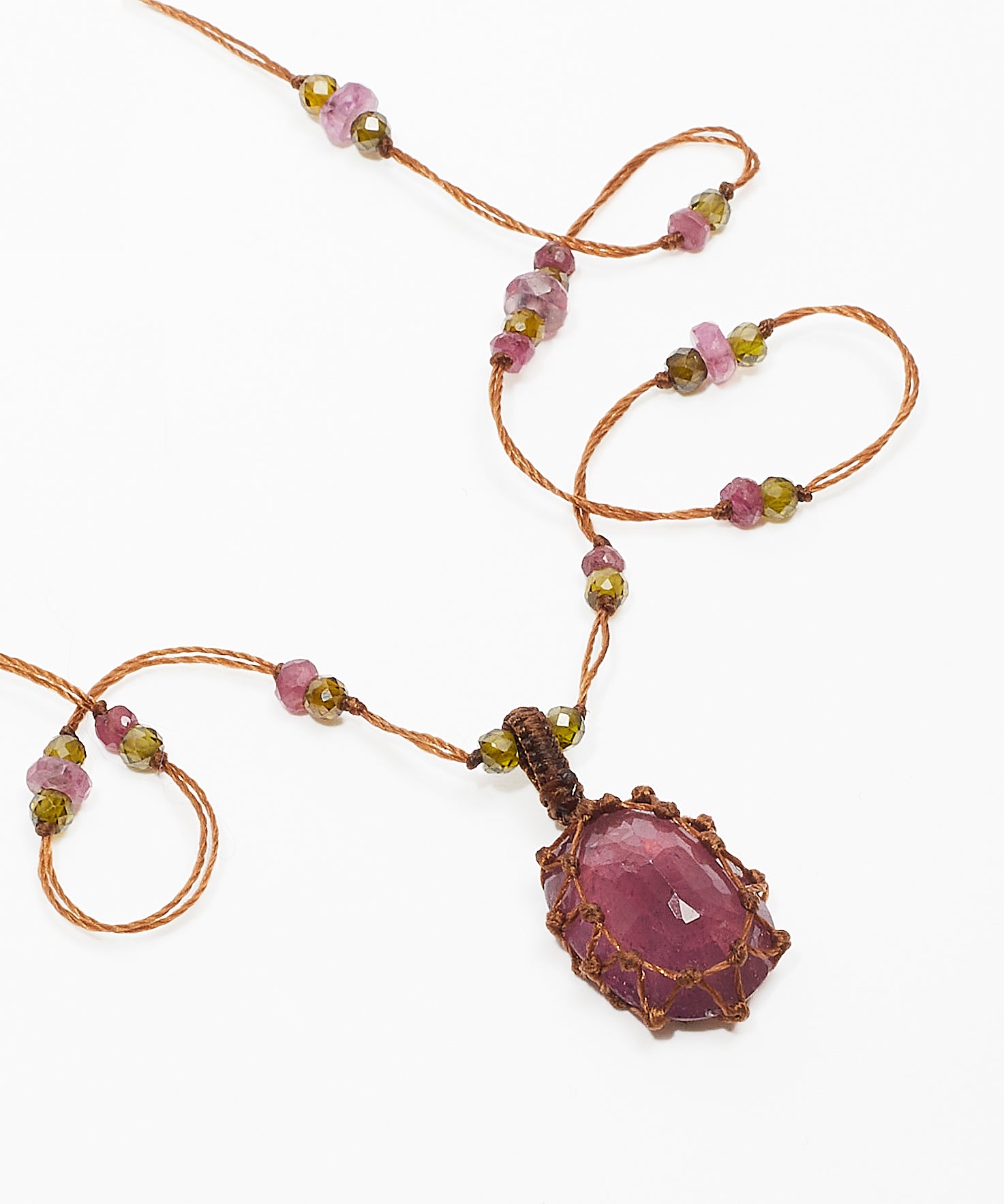 So Precious Short Tibetan Necklace - Glassfilled Rose - Mix Pink Tourmaline - Tobacco Thread