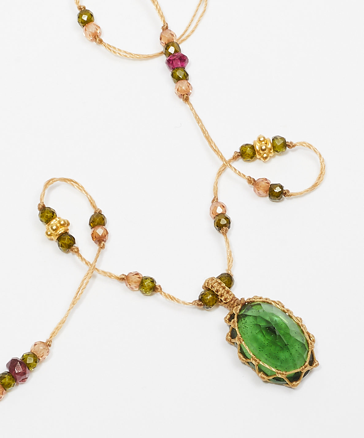 So Precious Collier Court Tibétain - Fluorite Verte - Mix Tourmaline Rose - Fil Beige