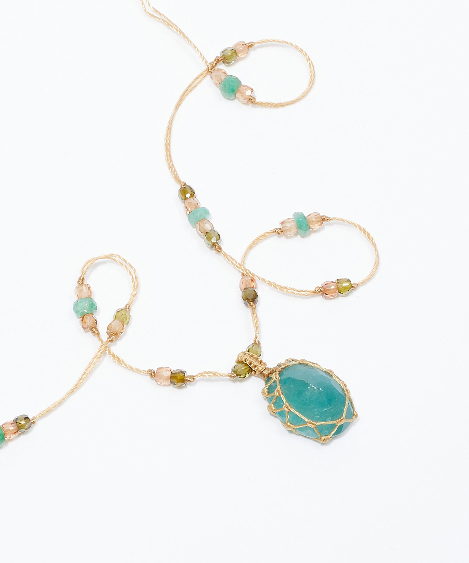 Collier Court Tibétain - Grandidiérite - Mix Chrysoprase - Fil Beige