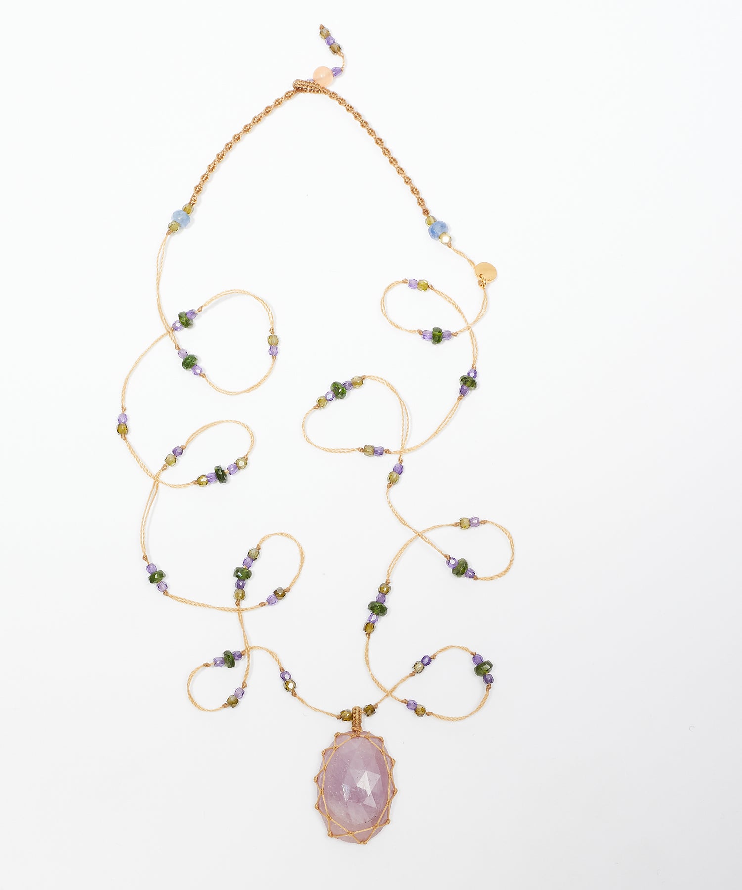 Tibetan Long Necklace - Pink Corundum - Pink Tourmaline Mix - Tobacco Thread