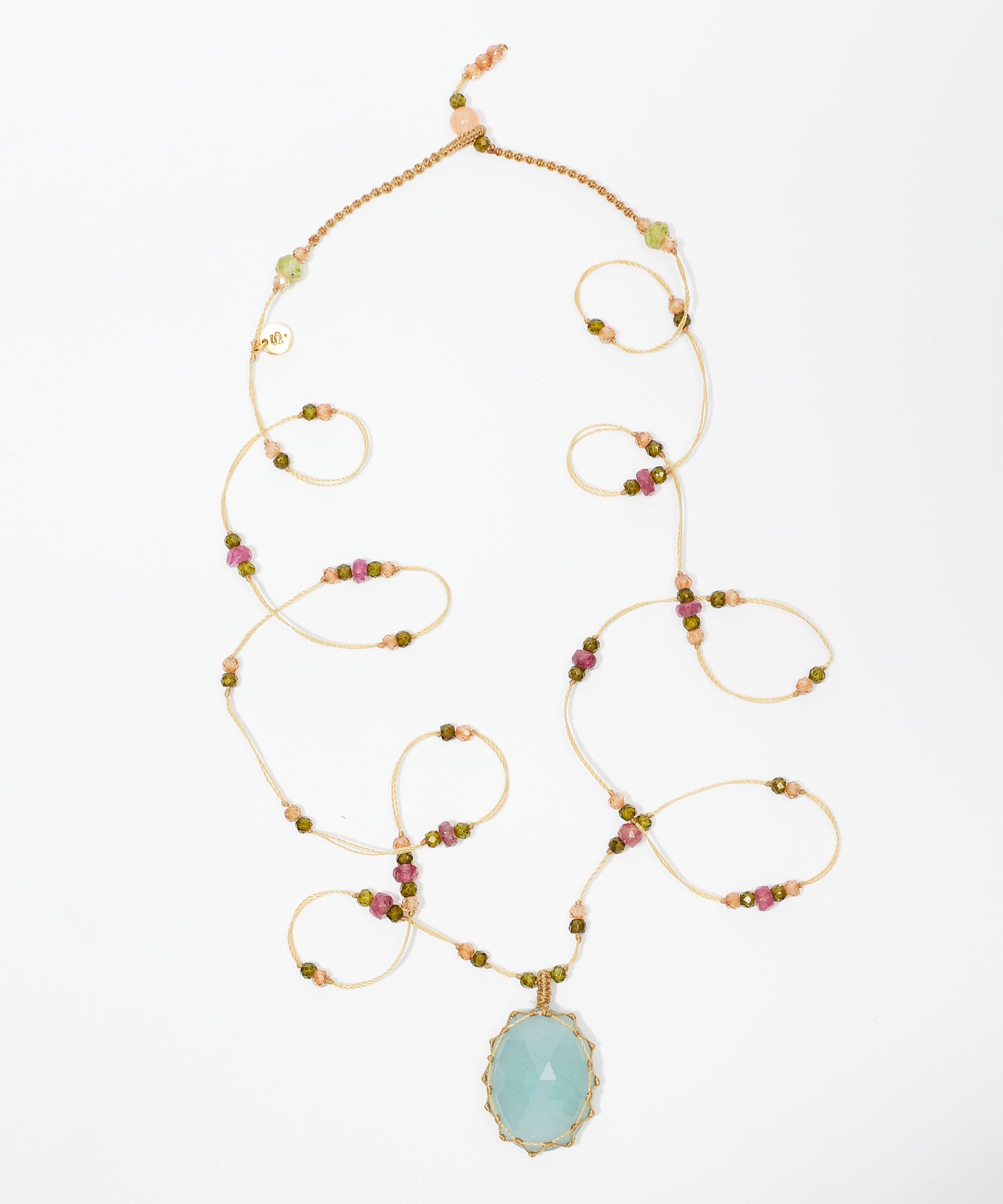 Tibetan Long Necklace - Blue Aquamarine - Mix Multi Stones - Tobacco Thread