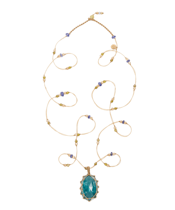 Sautoir Tibétain - Kyanite Teal Bleue - Mix Saphir - Fil Beige
