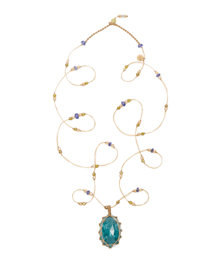 Sautoir Tibétain - Kyanite Teal Blau - Mix Saphir - Beige Faden