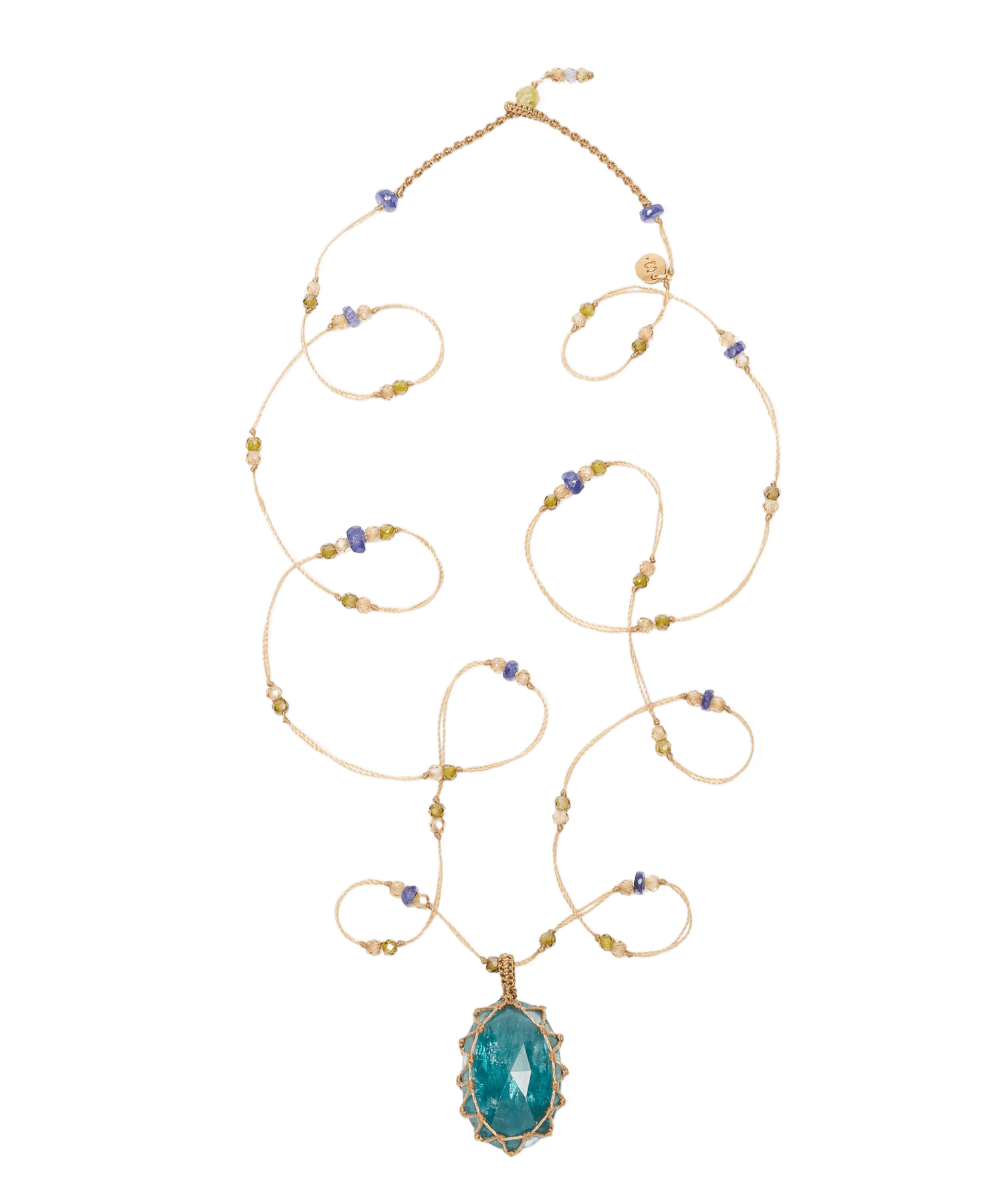 Long Tibetan Necklace - Teal Blue Kyanite - Sapphire Mix - Beige Thread
