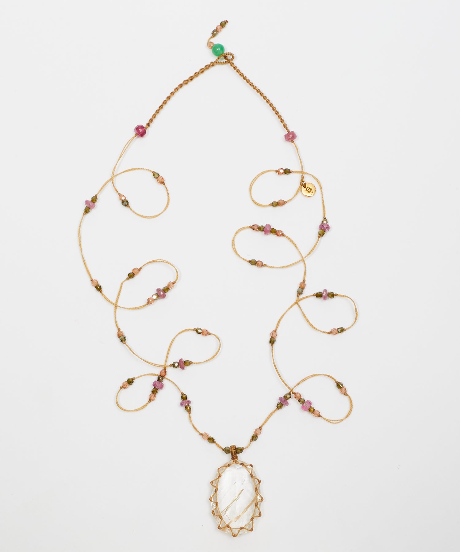 Tibetan Long Necklace - Rutile Gold - Mix Pink Tourmaline - Tabac Thread