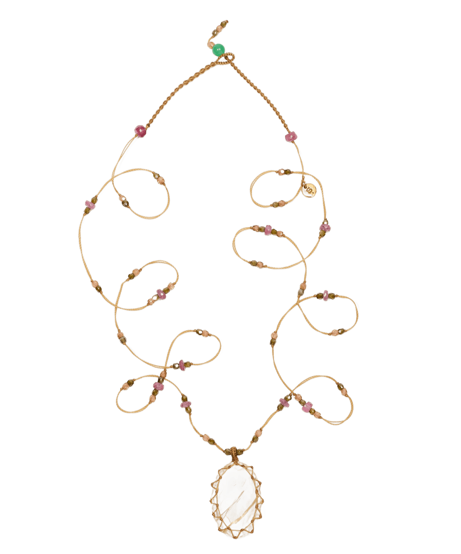 Long Tibetan Necklace - Rutilated Quartz Gold - Pink Tourmaline Mix - Beige Thread