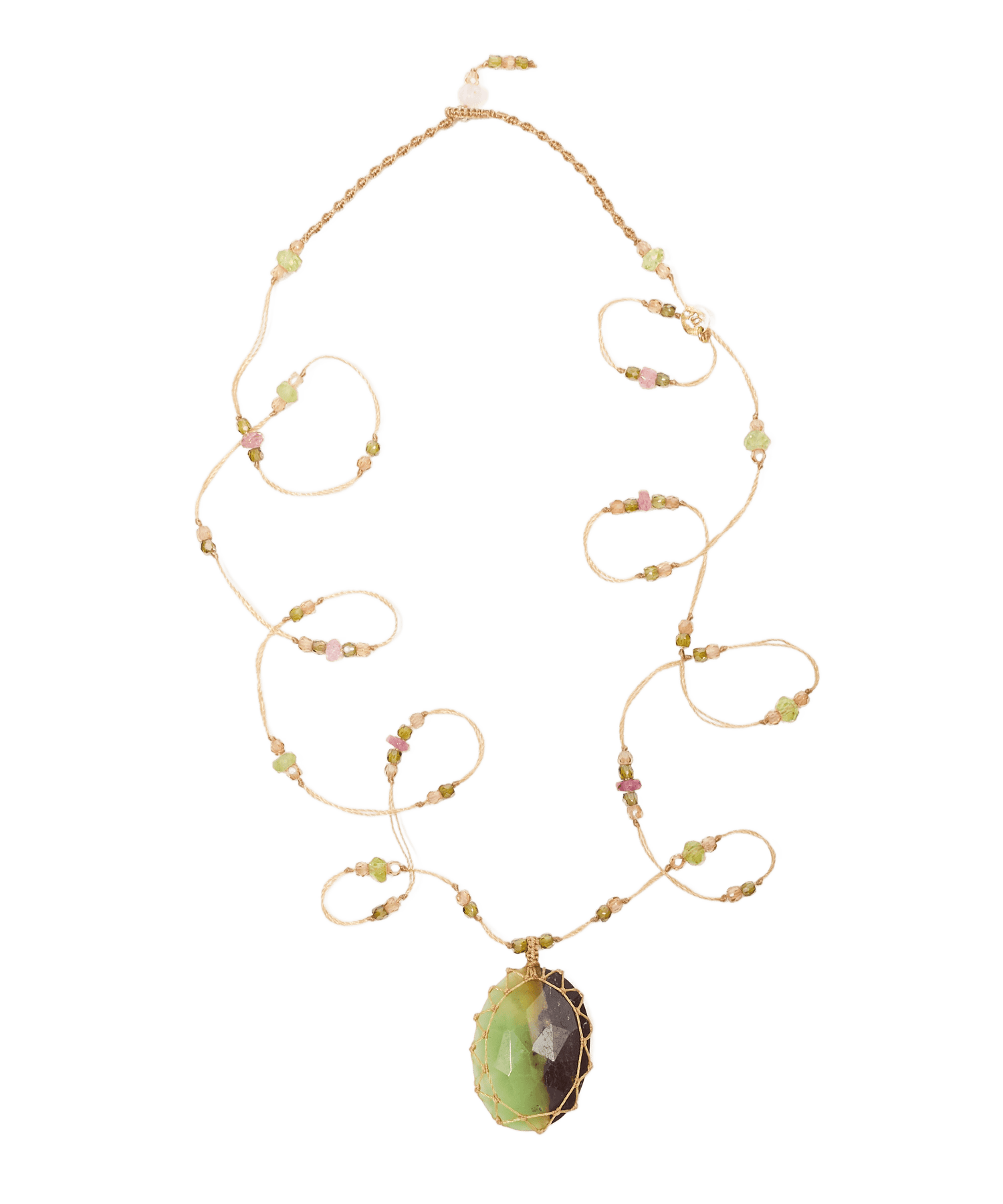 Long Tibetan Necklace - Ruby Zoïsite - Mixed Tourmaline - Beige Thread