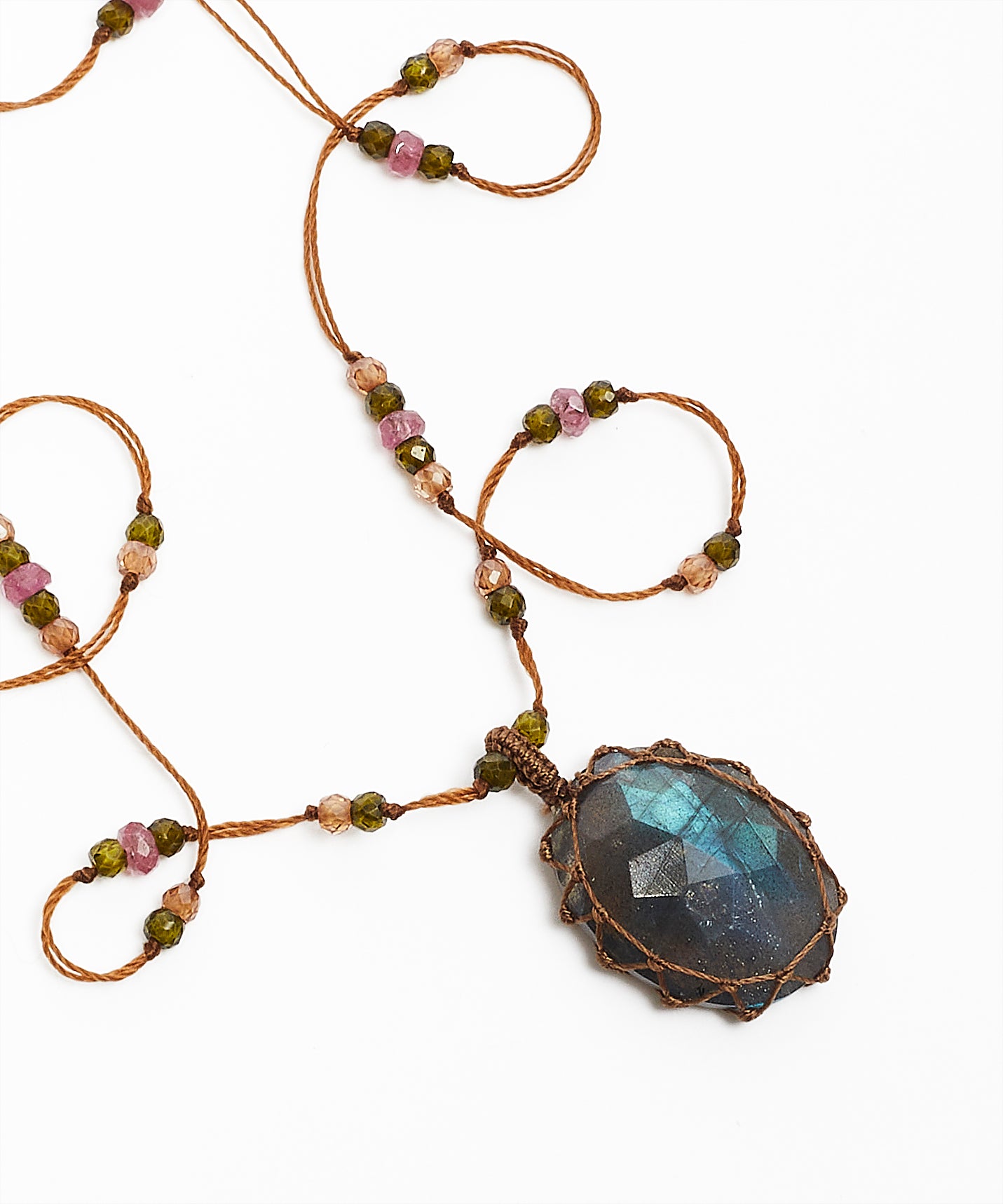 Collier Court Tibétain - Labradorite Feu Bleue - Mix Tourmaline Rose - Fil Tabac