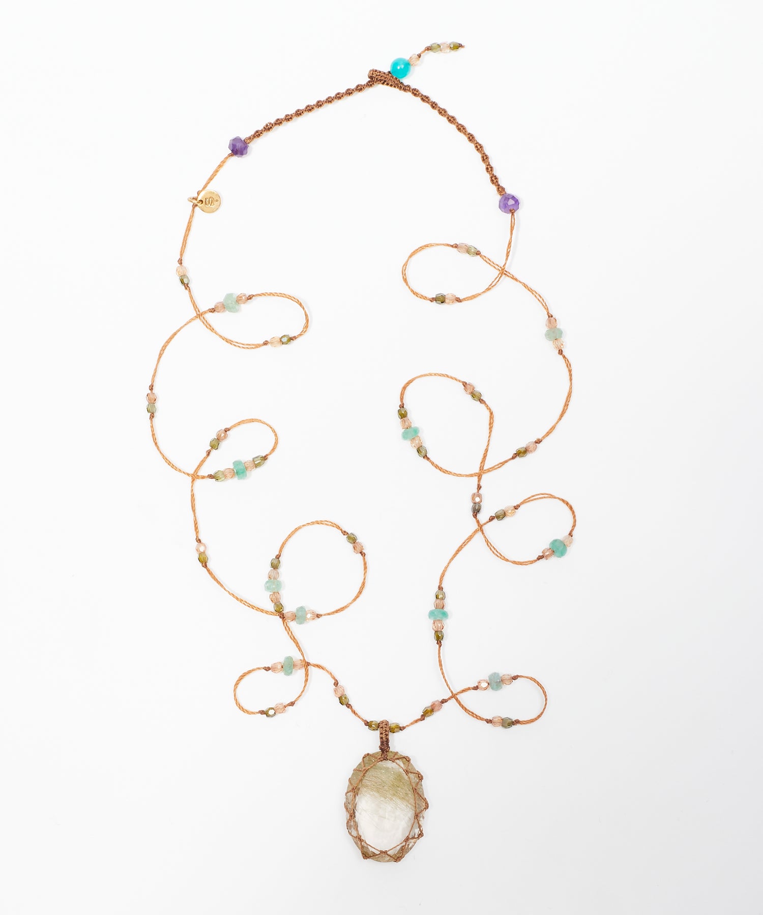 Tibetan Long Necklace - Rutile Gold - Mix Pink Tourmaline - Tabac Thread