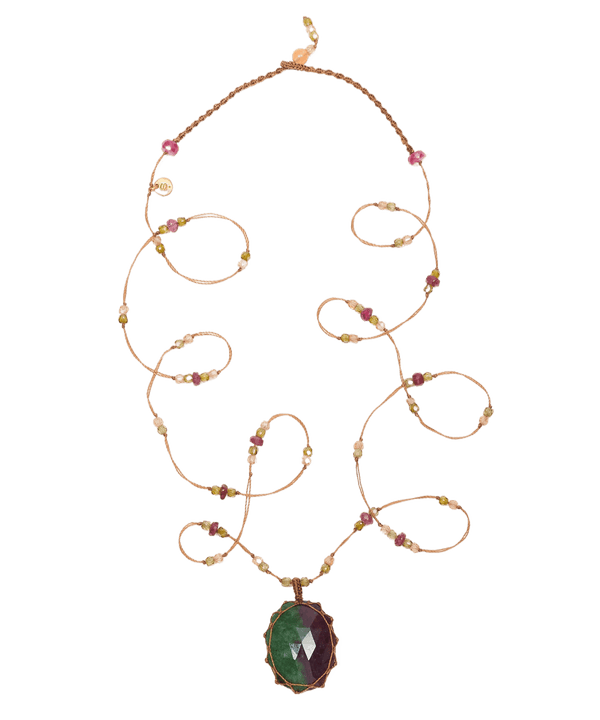 Long Tibetan Necklace - Ruby Zoïsite - Mixed Tourmaline - Tobacco Thread