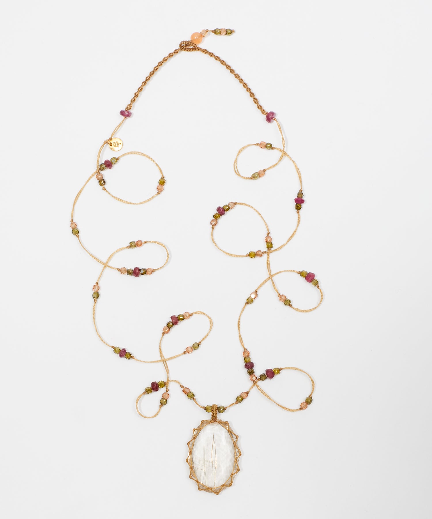 Tibetan Long Necklace - Rutile Gold - Mix Pink Tourmaline - Tabac Thread