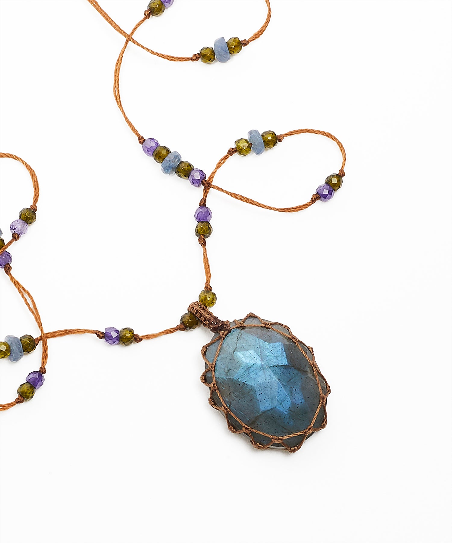 Collier Court Tibétain - Labradorite Feu Bleue - Mix Saphir - Fil Tabac