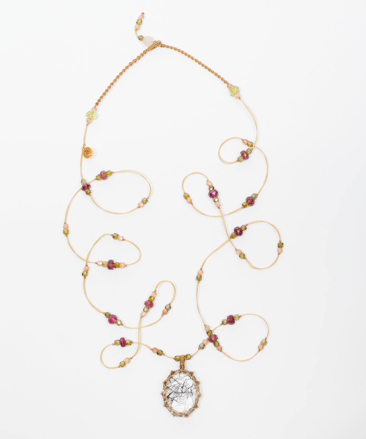 Tibetan Long Necklace - Rutile Gold - Mix Pink Tourmaline - Beige Thread