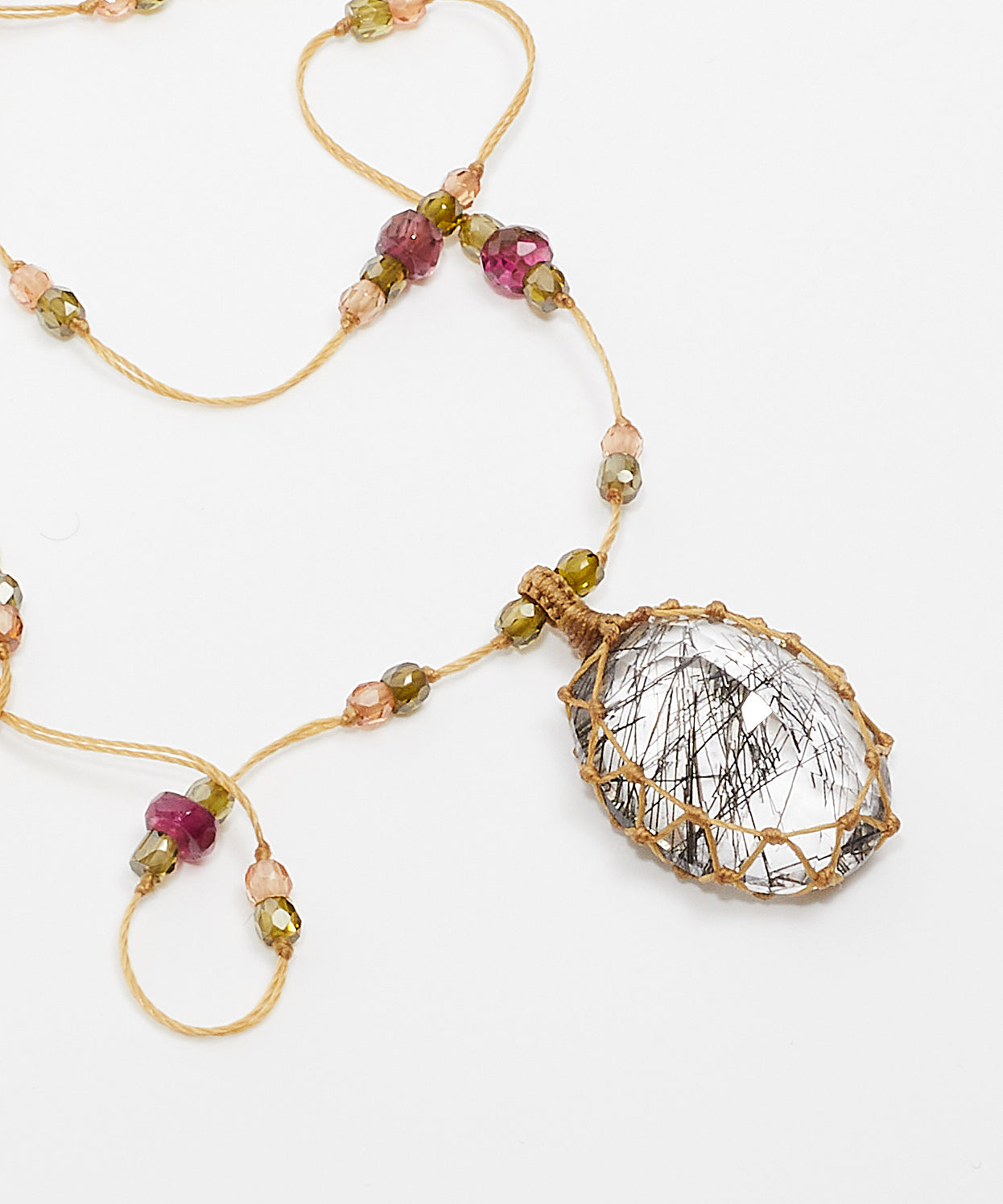 Tibetan Long Necklace - Rutile Gold - Mix Pink Tourmaline - Beige Thread