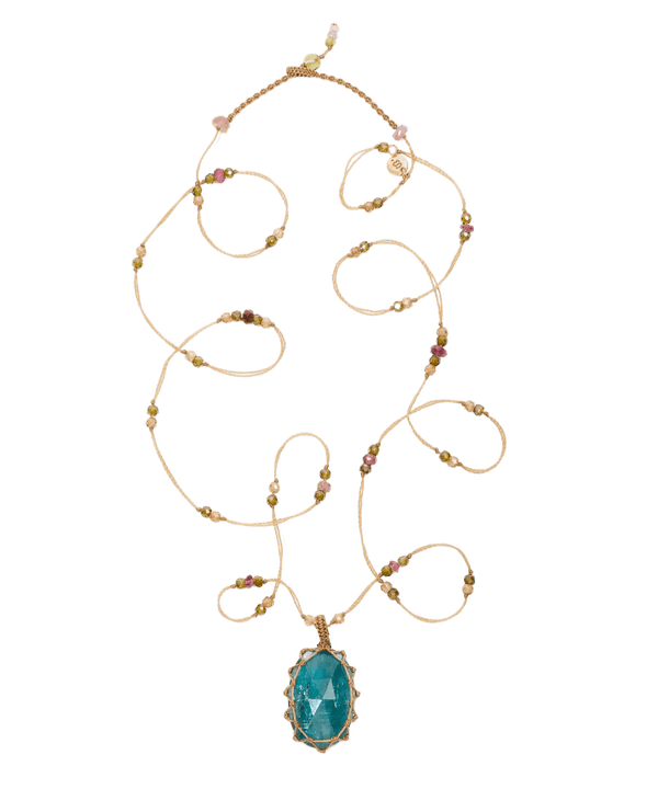 Sautoir Tibétain - Kyanite Teal Bleue - Mix Tourmaline - Fil Beige