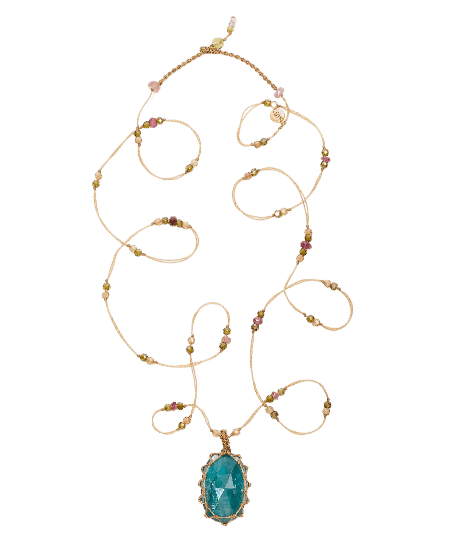 Long Tibetan Necklace - Teal Blue Kyanite - Mixed Tourmaline - Beige Thread