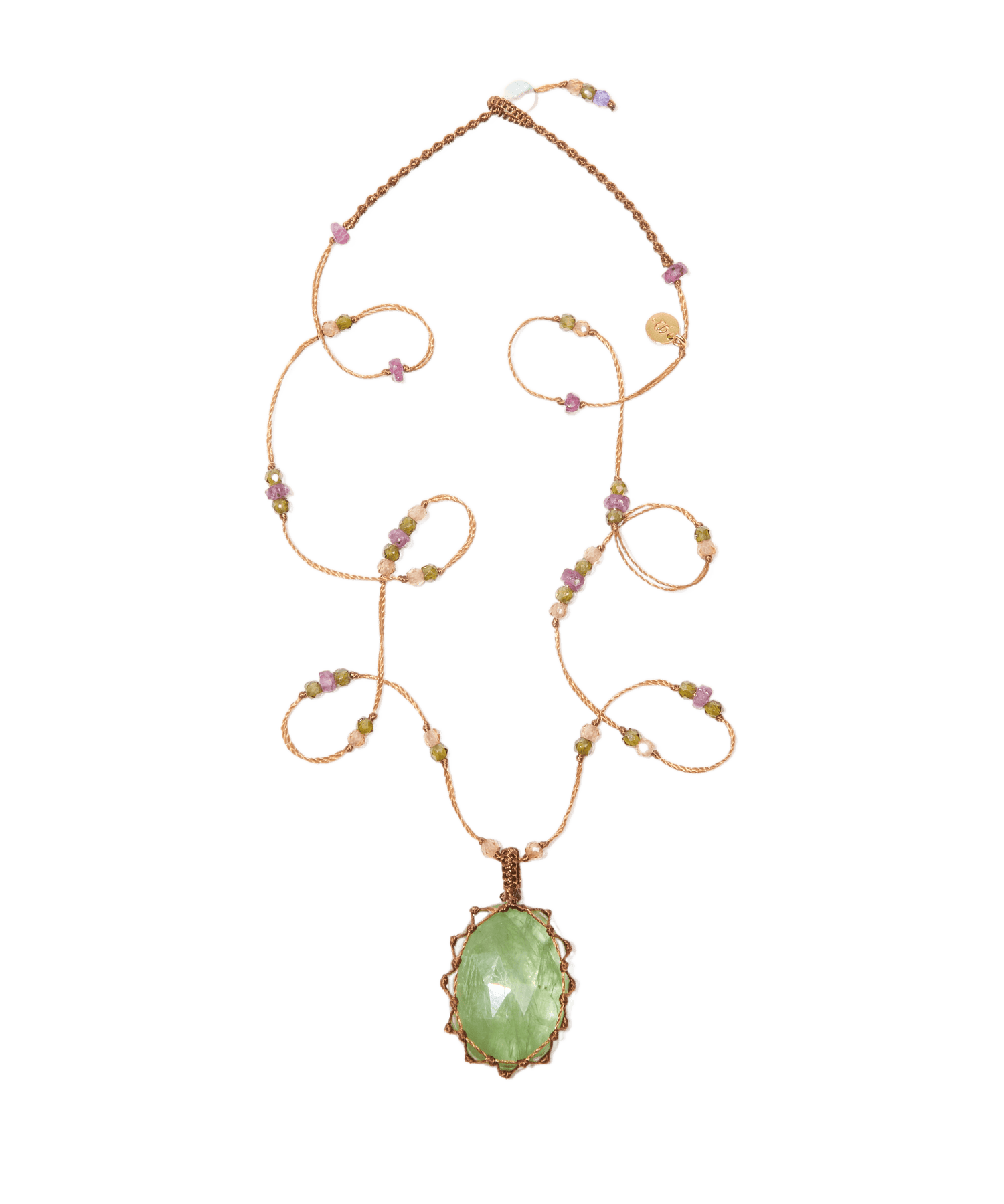 Short Tibetan Necklace - Kyanite - Mixed Tourmaline - Tobacco-Brown Cord