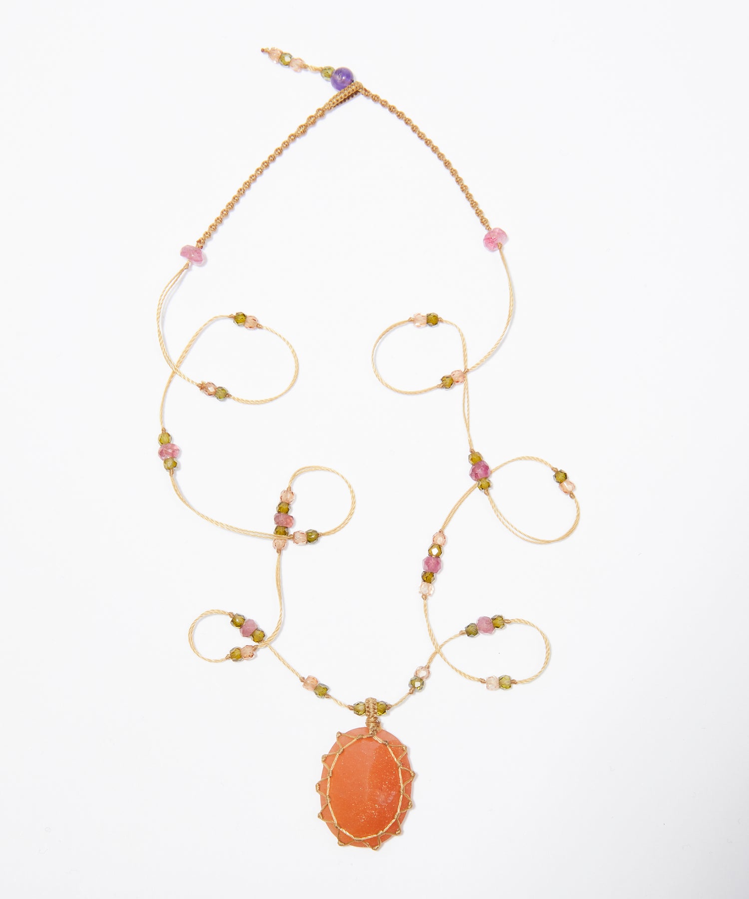 Short Tibetan Necklace - Strawberry Quartz Orange - Mix Pink Tourmaline - Beige Thread