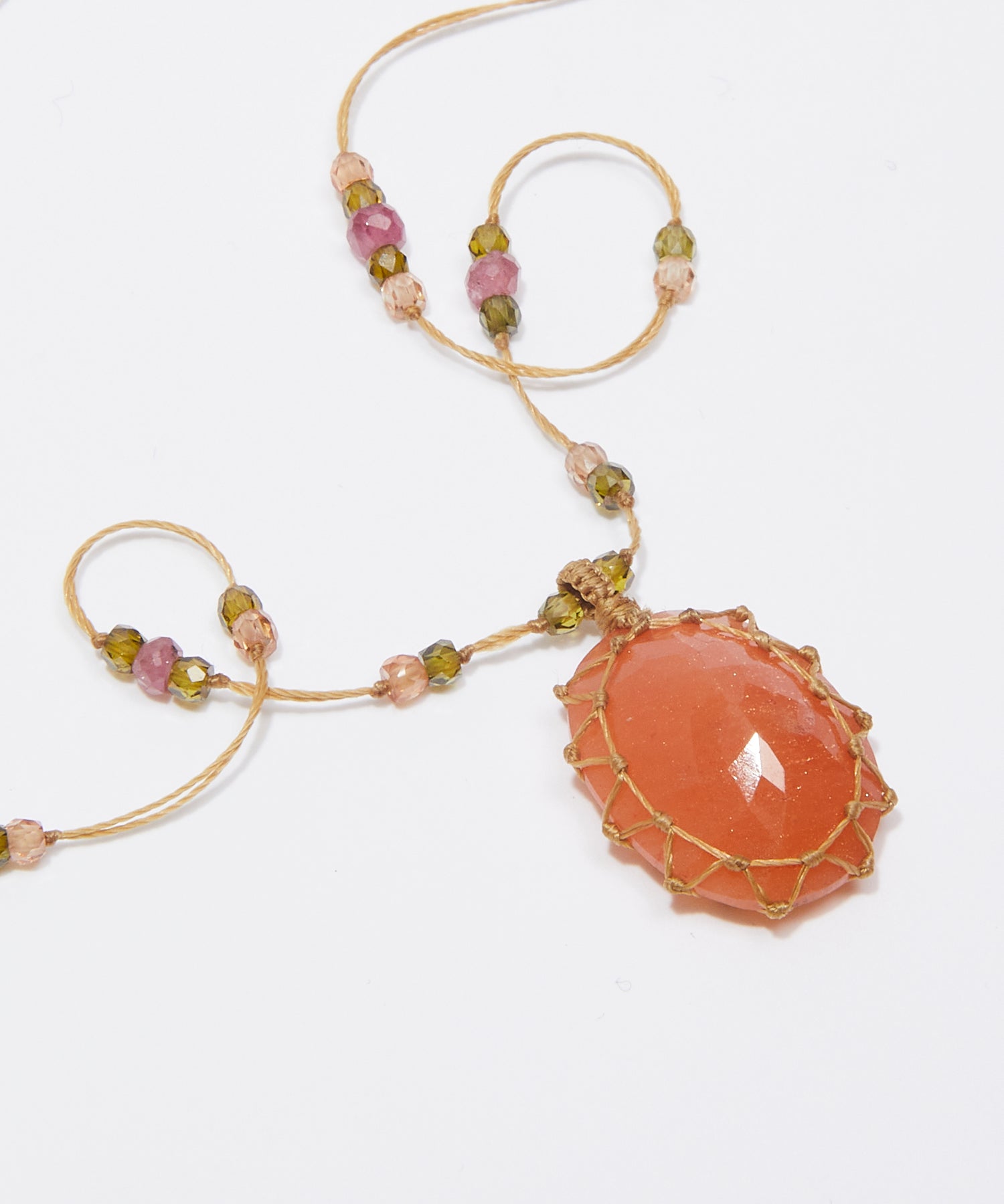 Collana tibetana corta - Quarzo fragola arancione - Mix di tormaline rosa - Filo beige