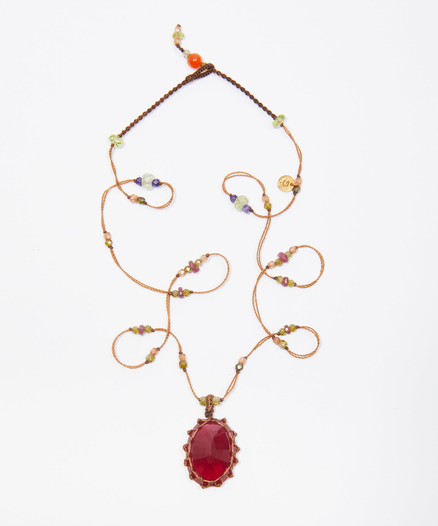 Collier Court Tibétain - Rubellite - Mix Tourmaline Rose - Fil Beige