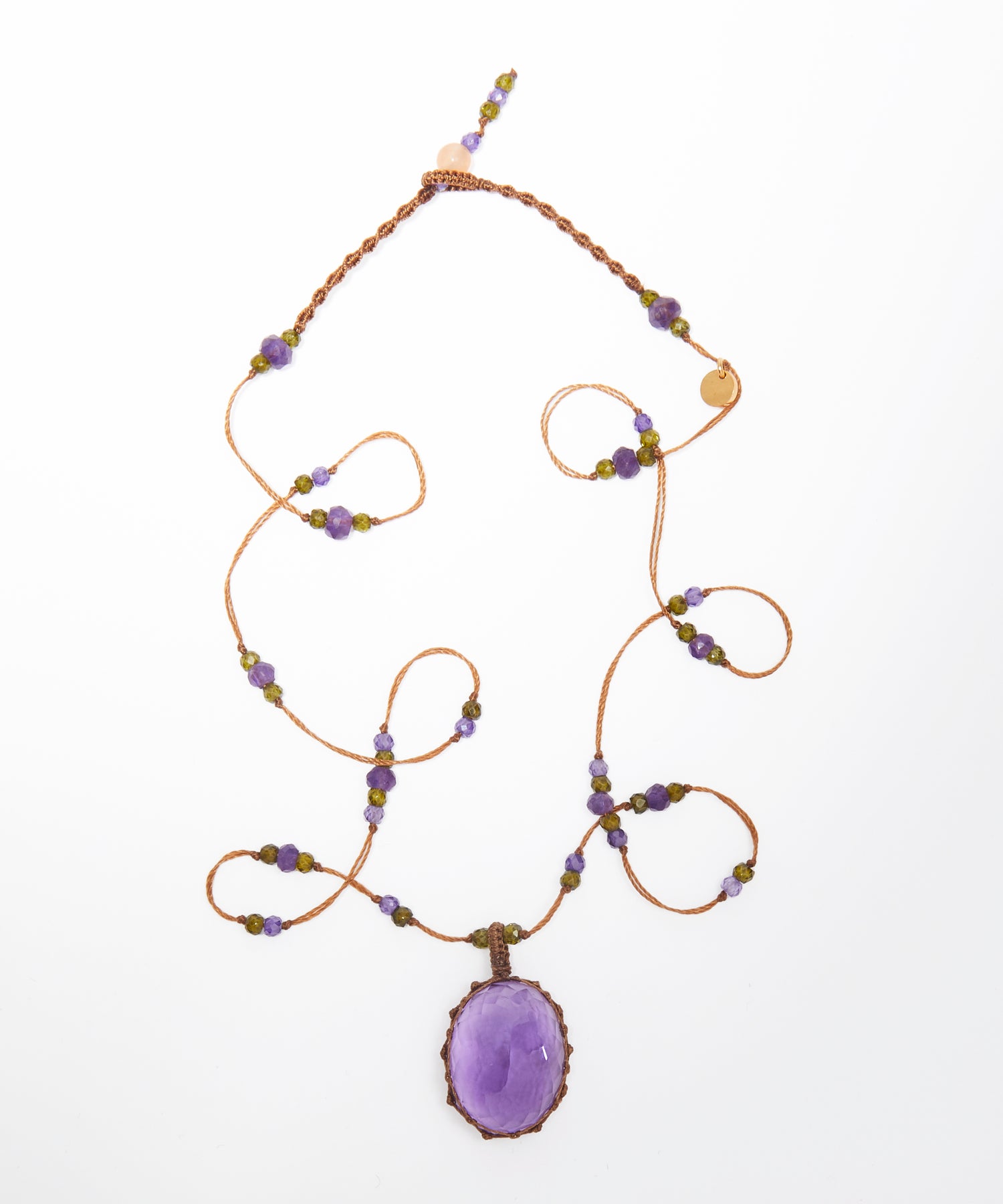 Tibetan Short Necklace - Dark Violet Amethyst - Amethyst Mix - Tobacco Thread