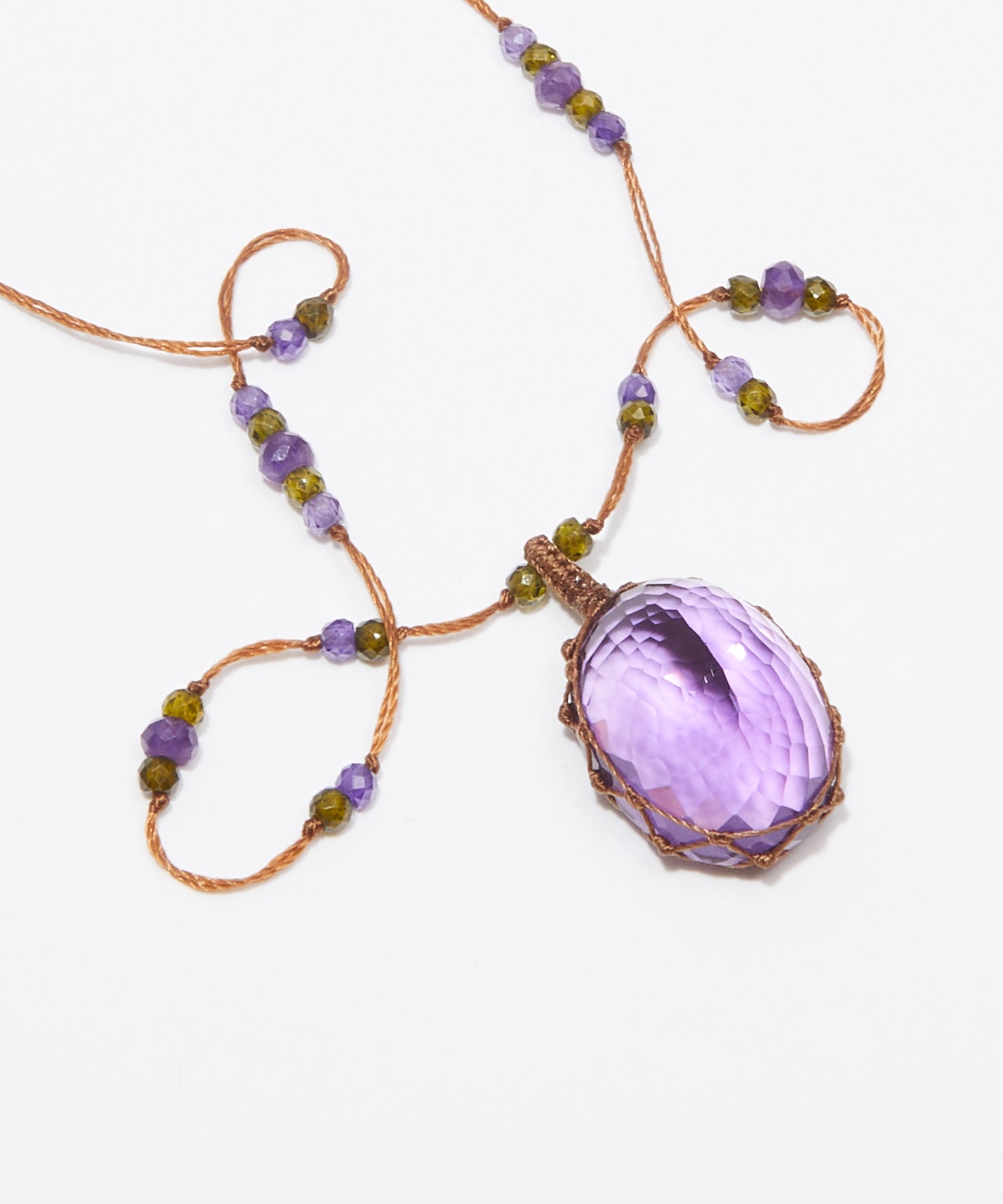 Tibetan Short Necklace - Dark Violet Amethyst - Amethyst Mix - Tobacco Thread