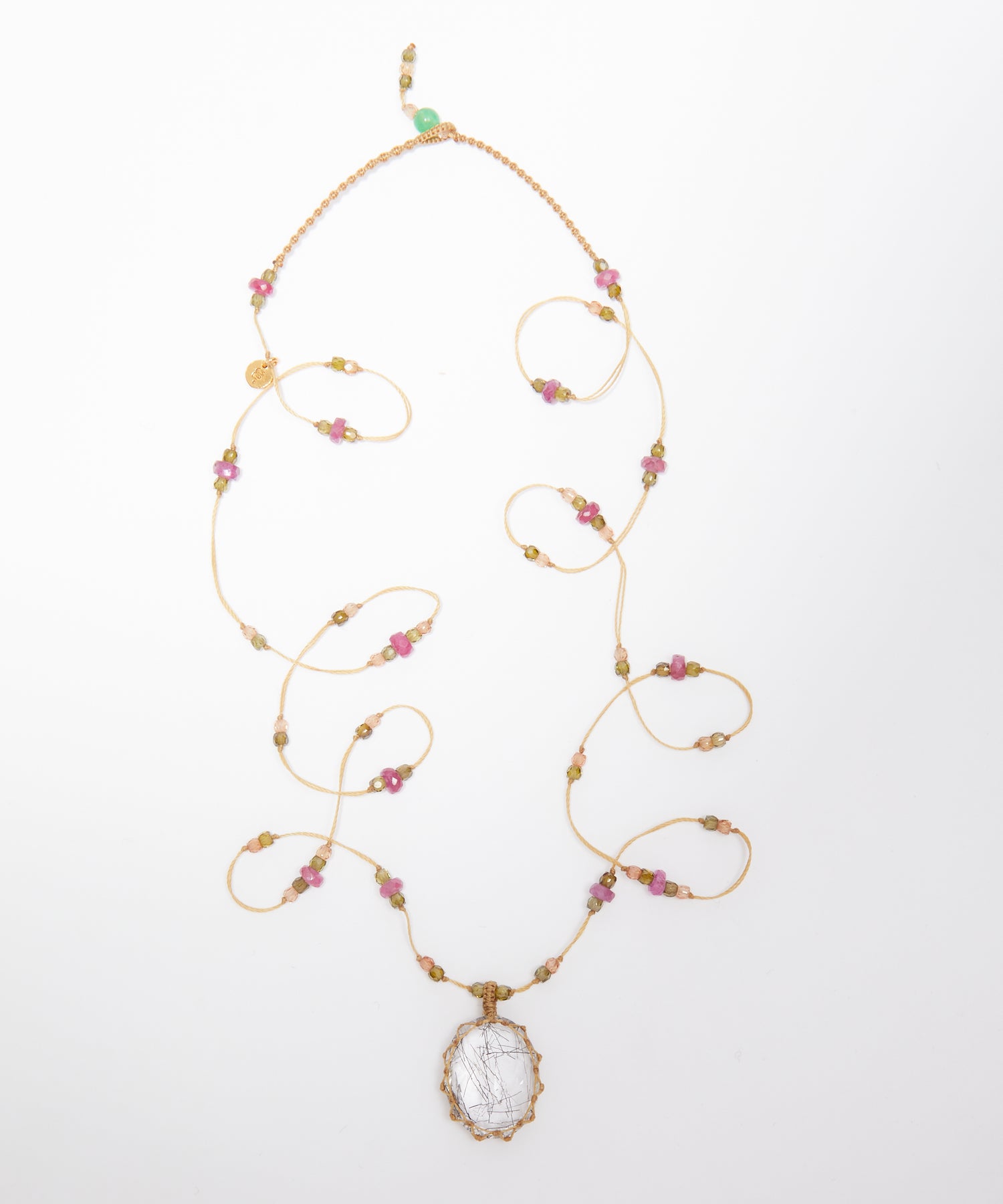 Tibetan Long Necklace - Rutile Gold - Mix Pink Tourmaline - Beige Thread