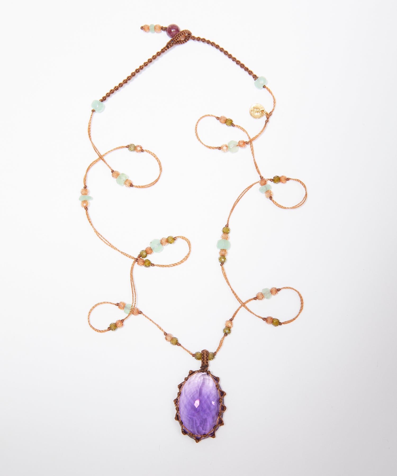 Collier Court Tibétain - Améthyste Violette Foncée - Mix Chrysoprase - Fil Tabac