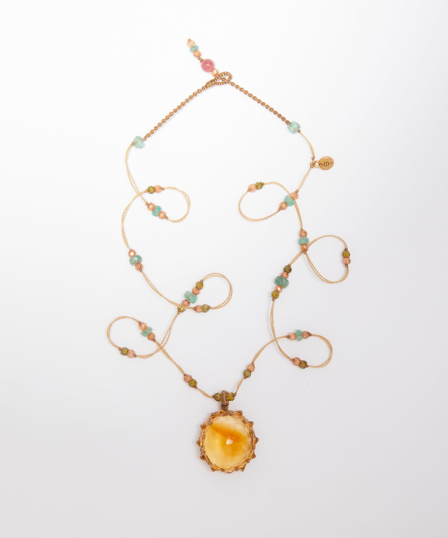 Tibetan Short Necklace - Citrine - Mix Pink Tourmaline - Beige Thread