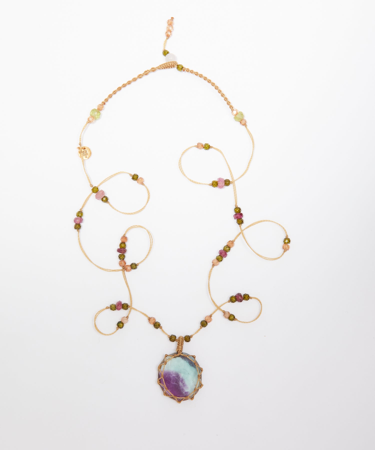 Tibetan Short Necklace - Rainbow Fluorite - Amethyst Mix - Beige Thread