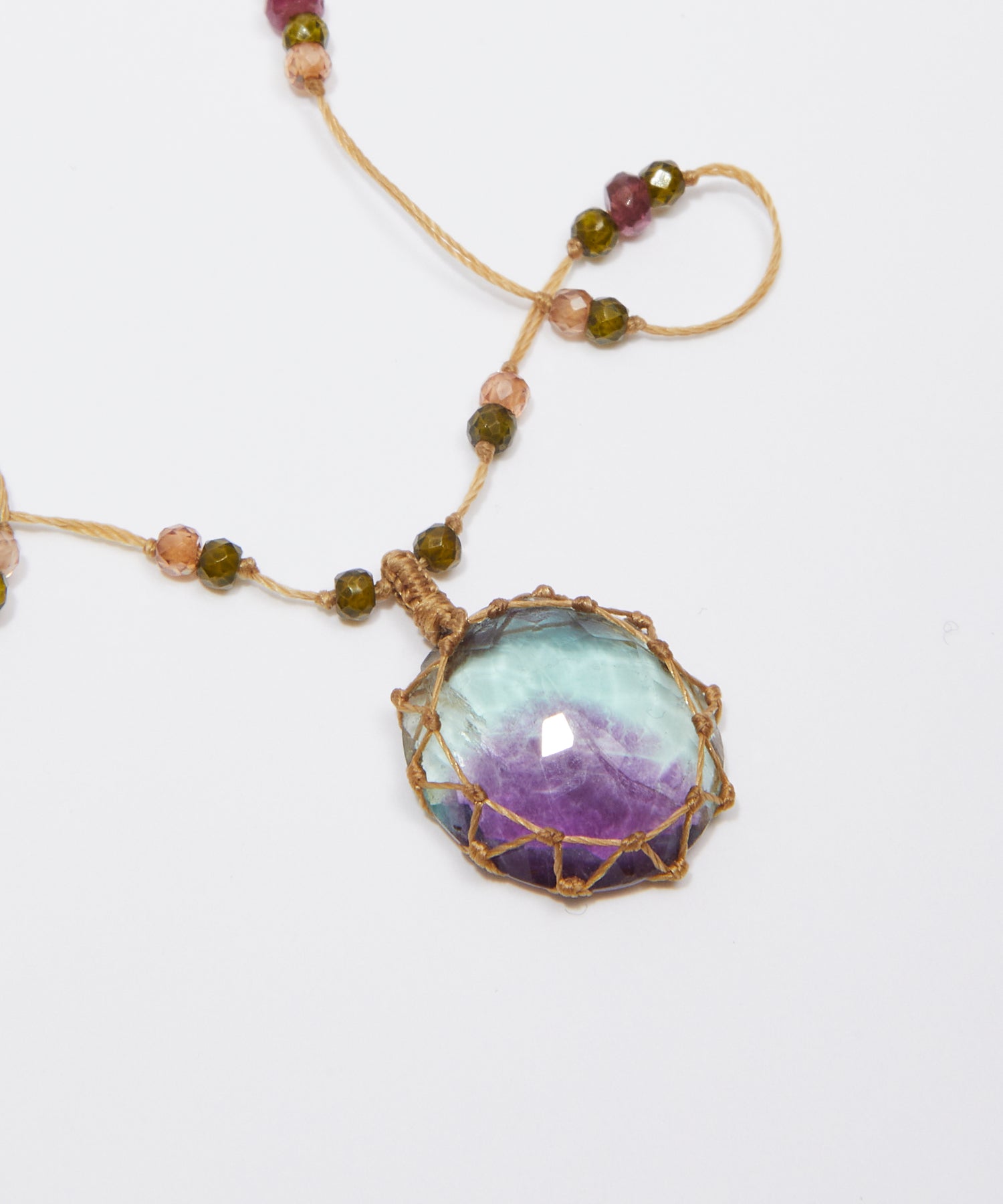 Tibetan Short Necklace - Rainbow Fluorite - Amethyst Mix - Beige Thread