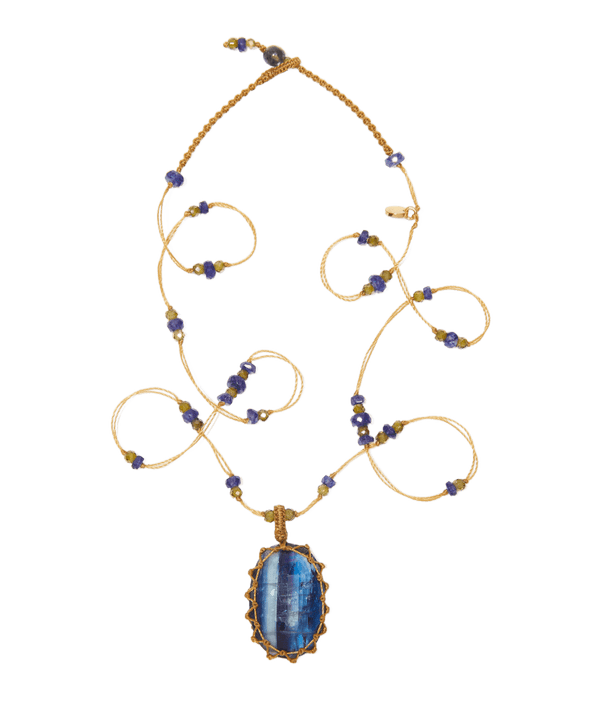 Collier Court Tibétain - Kyanite Bleue - Mix Saphir - Fil Beige