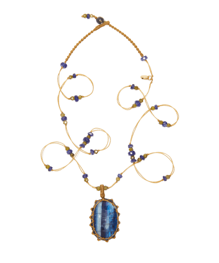 Collier Court Tibétain - Kyanite Blau - Mix Saphir - Beiger Faden