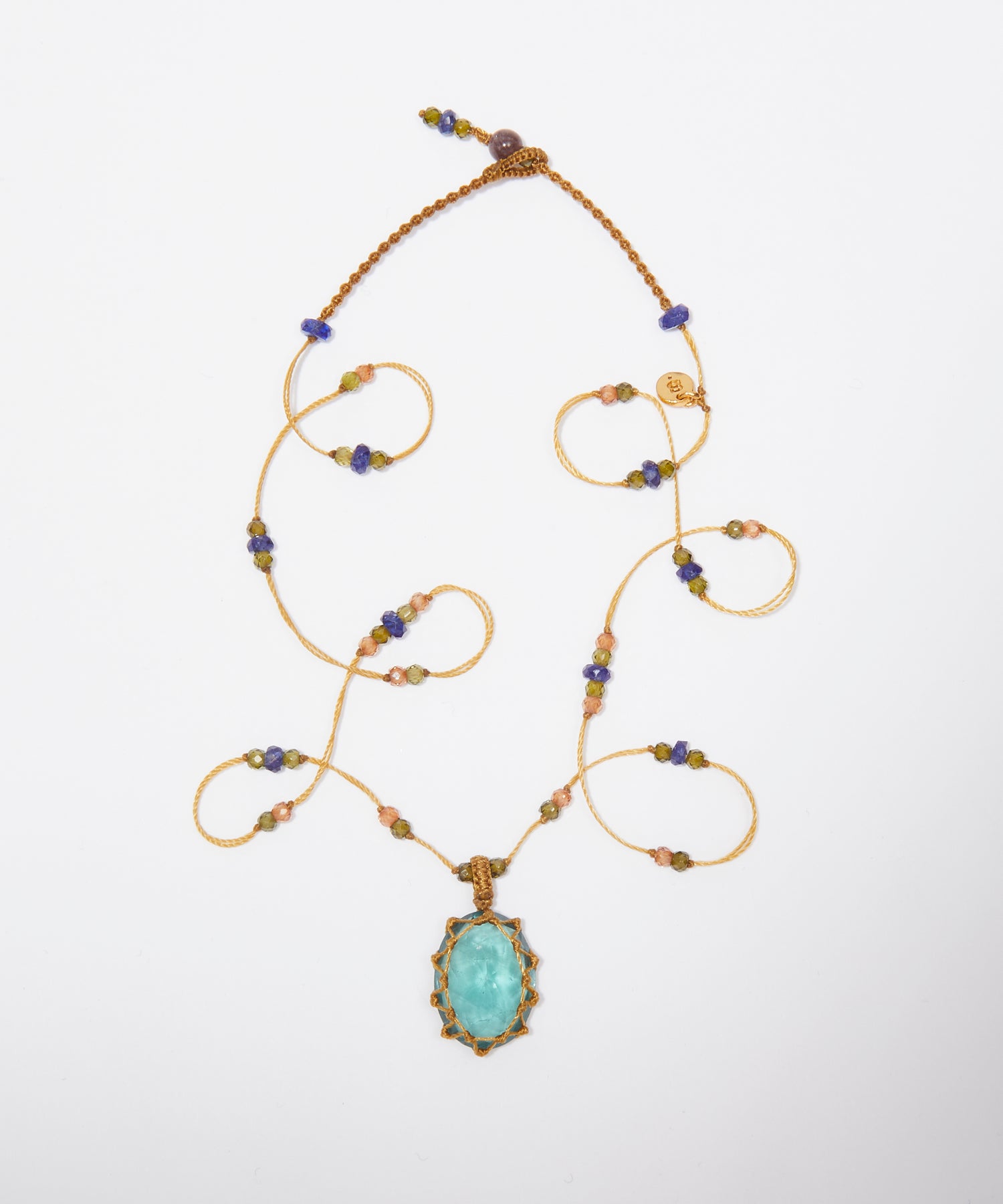 Tibetan Short Necklace - Blue Fluorite - Emerald Mix - Beige Thread