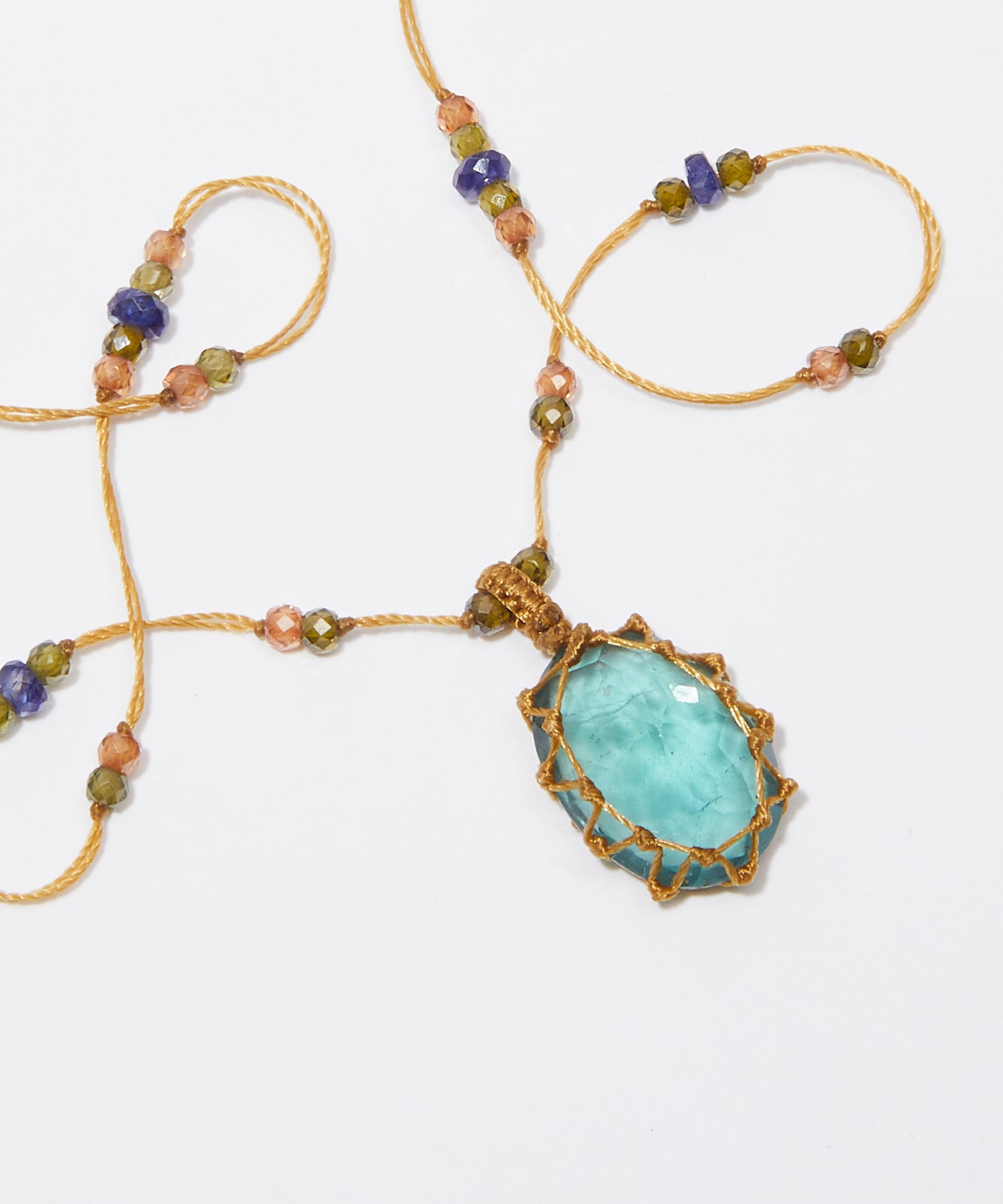 Tibetan Short Necklace - Blue Fluorite - Emerald Mix - Beige Thread