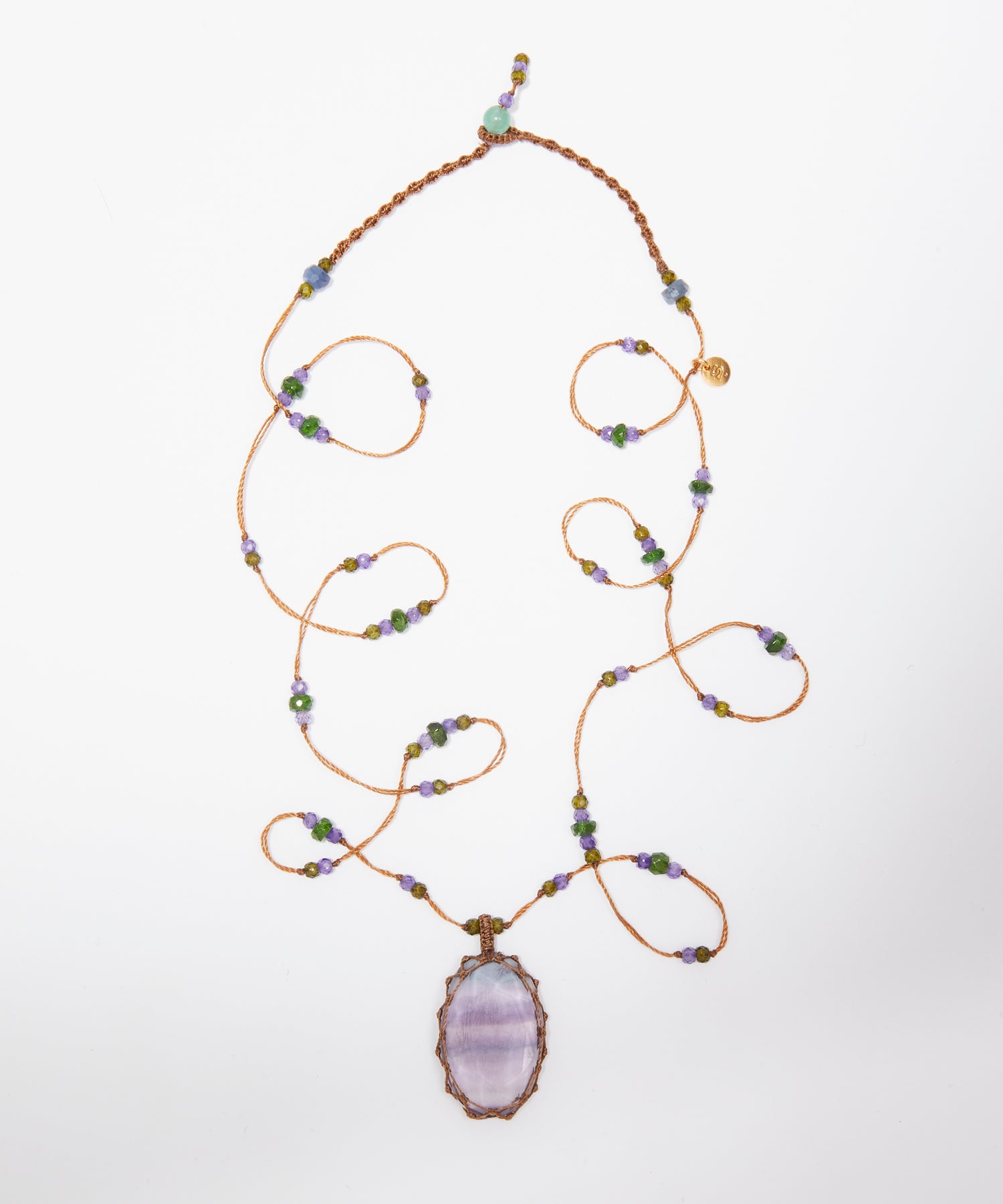 Tibetan Long Necklace - Fluorite Rainbow - Mix Sapphire - Tobacco Thread