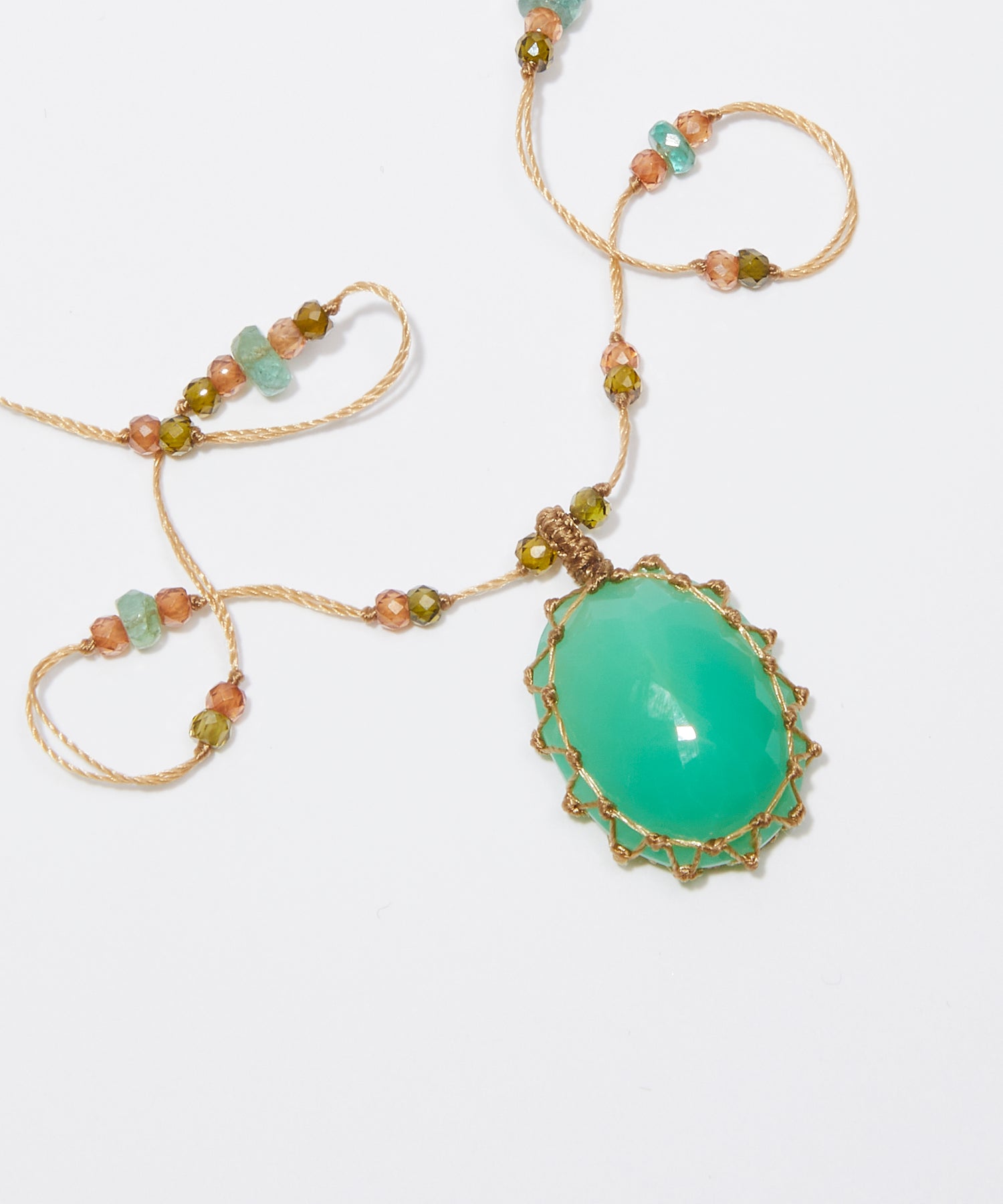 Tibetan Short Necklace - Chrysoprase - Emerald Mix - Beige Thread