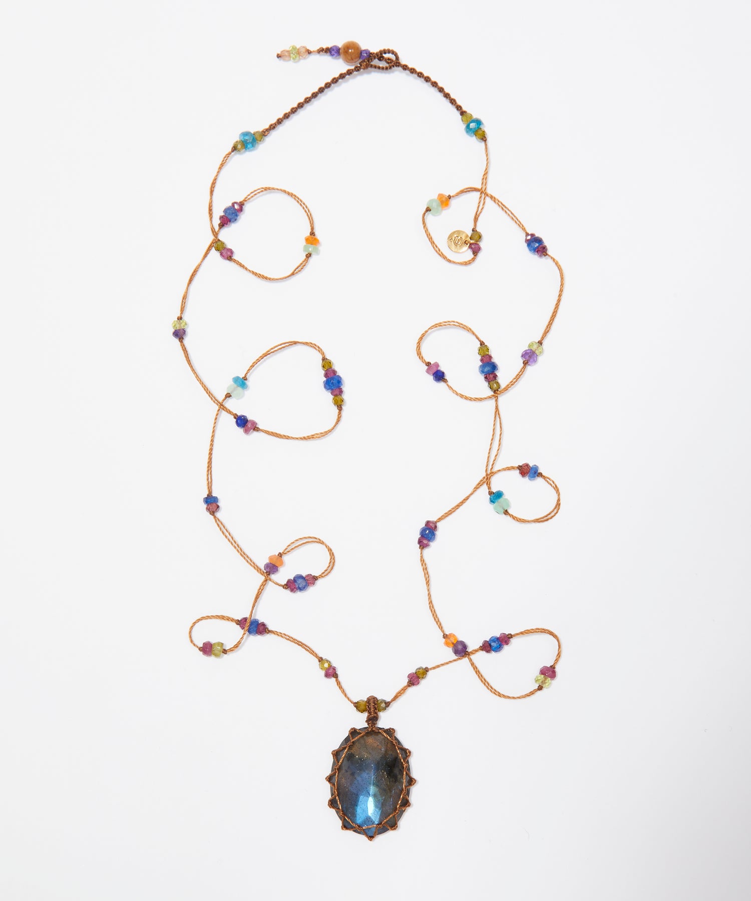 Collana Lunga Tibetana - Labradorite Fuoco Blu - Mix Multi Pietre - Filo Beige