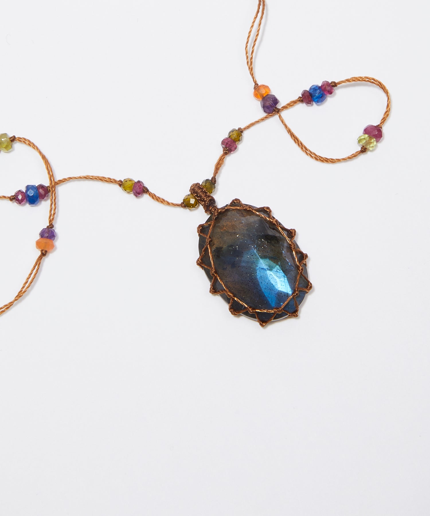 Collana Lunga Tibetana - Labradorite Fuoco Blu - Mix Multi Pietre - Filo Beige