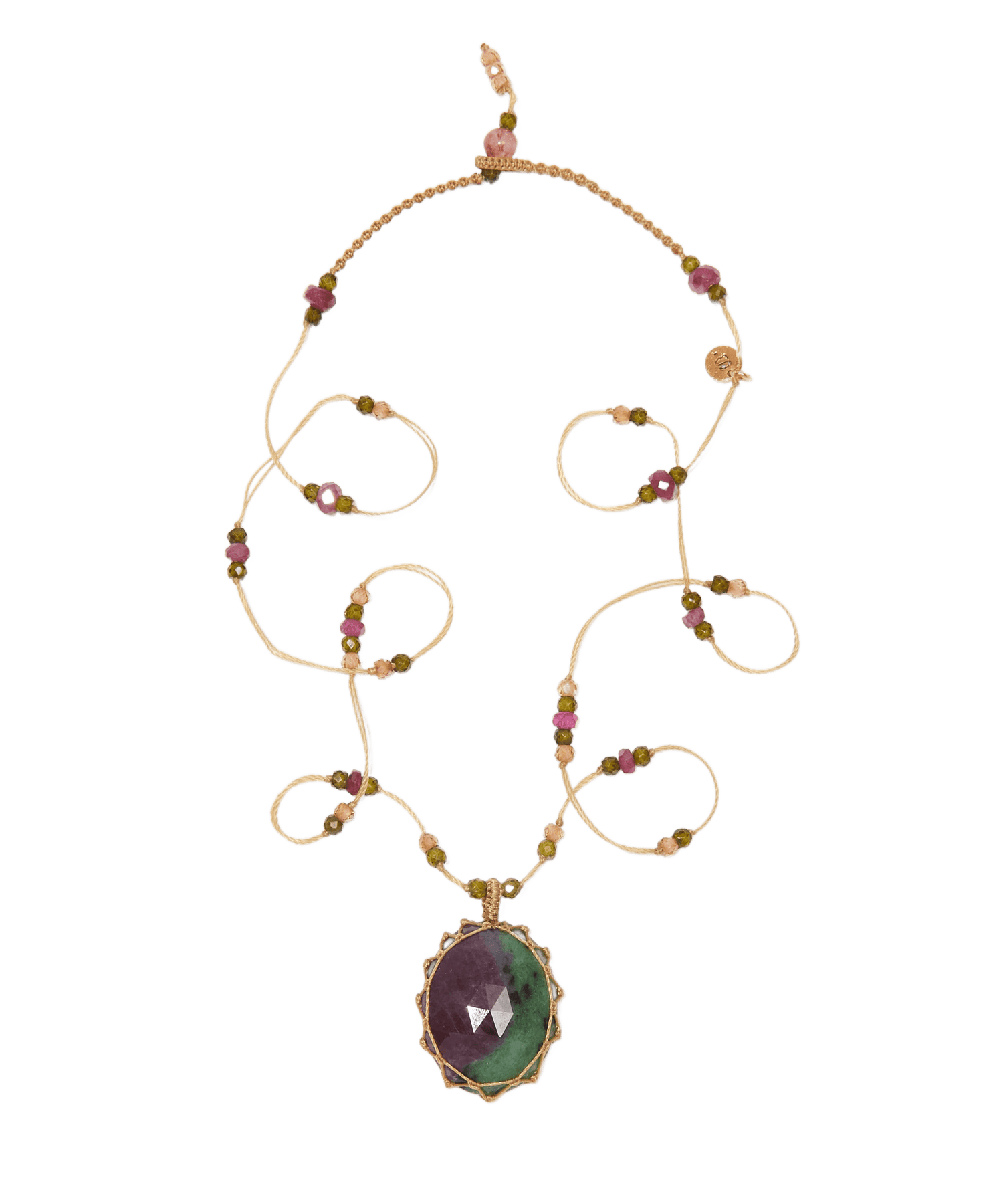 Short Tibetan Necklace - Ruby Zoïsite - Mixed Tourmaline - Beige Thread