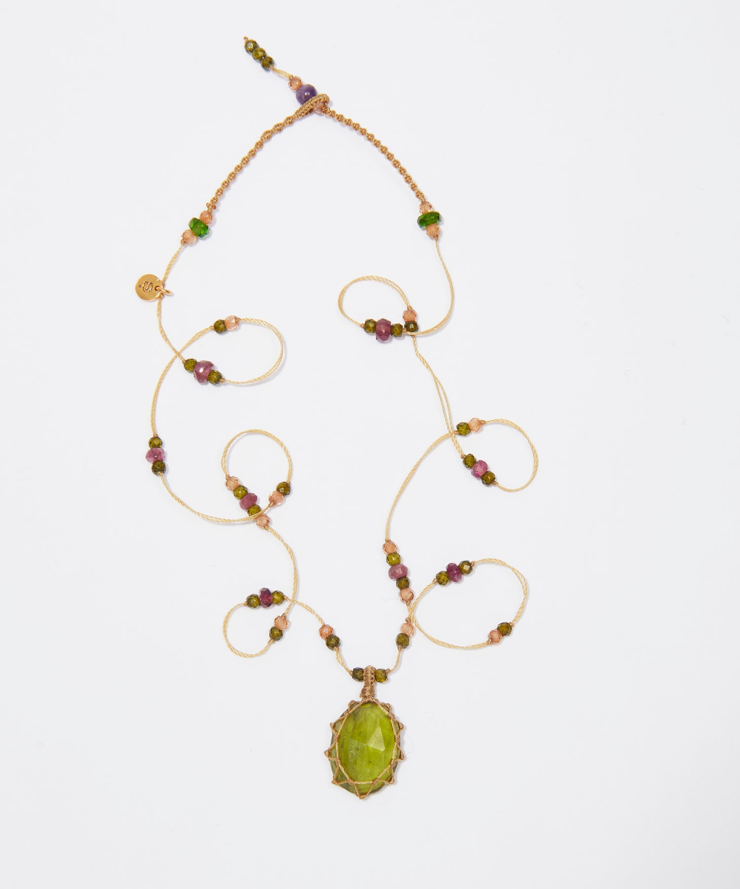 Collana corta tibetana - Vesuvianite - Mix Tormalina Rosa - Filo Beige