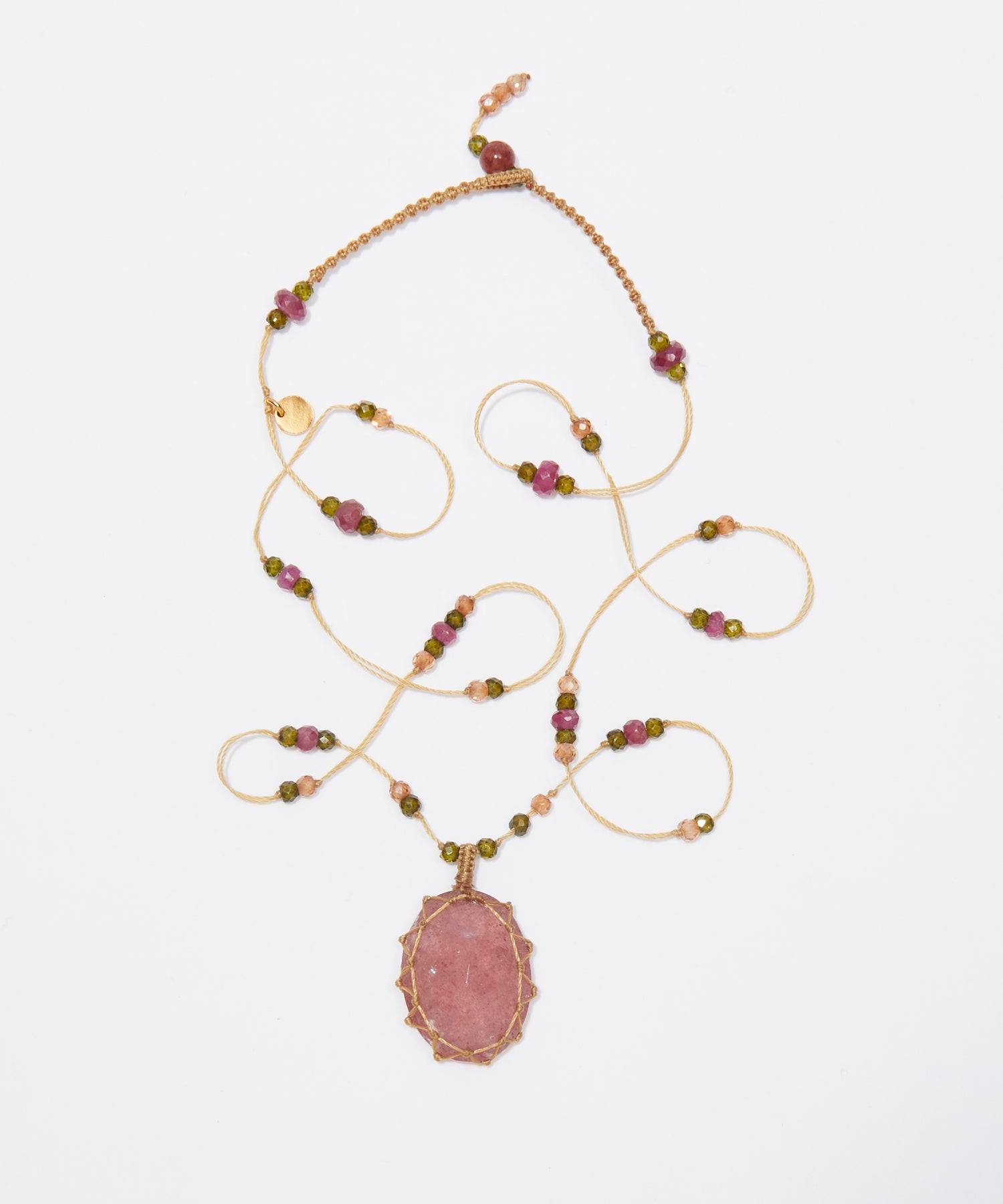 Collier Court Tibétain - Strawberry Quartz Rose - Mix Tourmaline Rose - Fil Beige