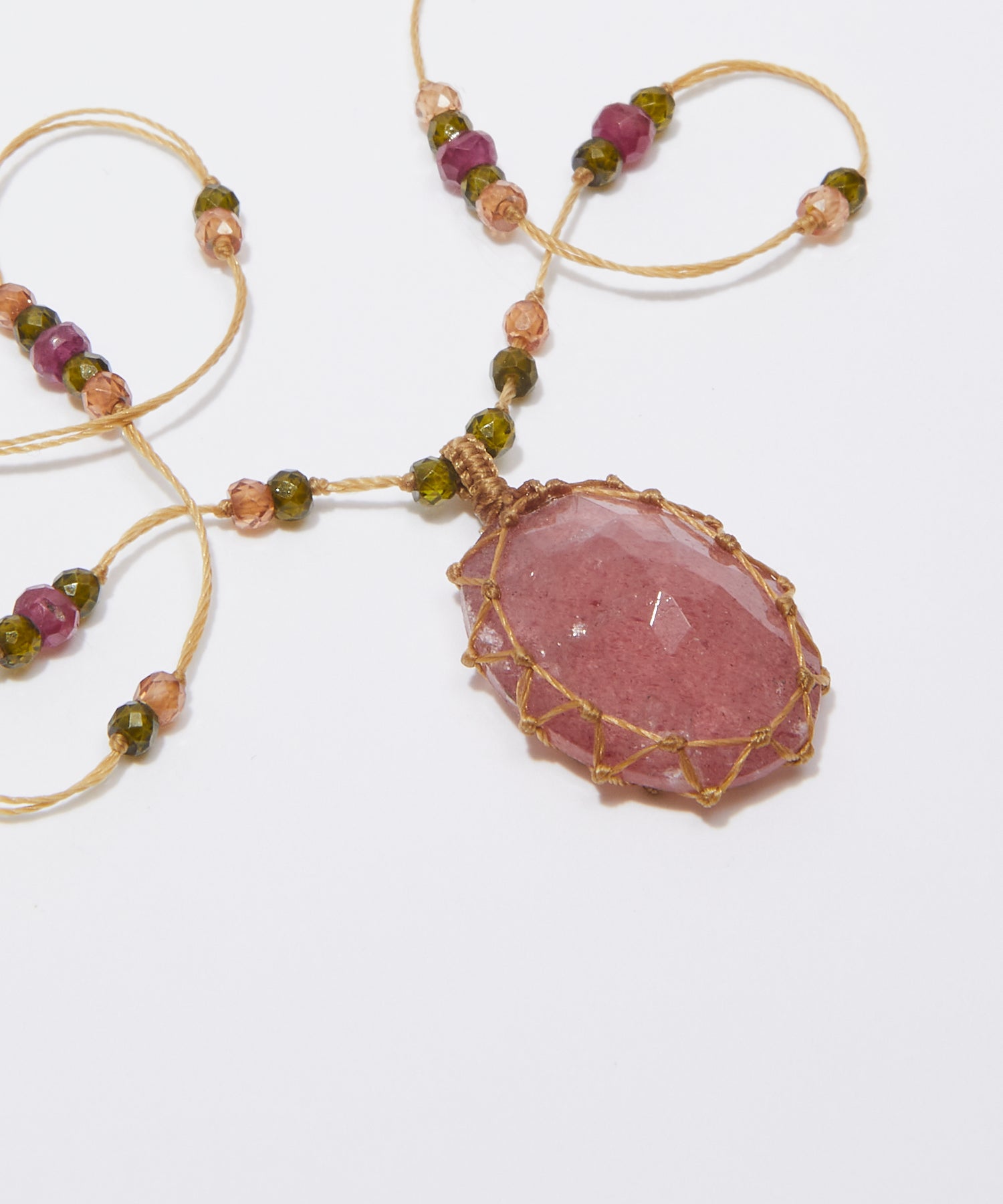 Collier Court Tibétain - Strawberry Quartz Rose - Mix Tourmaline Rose - Fil Beige