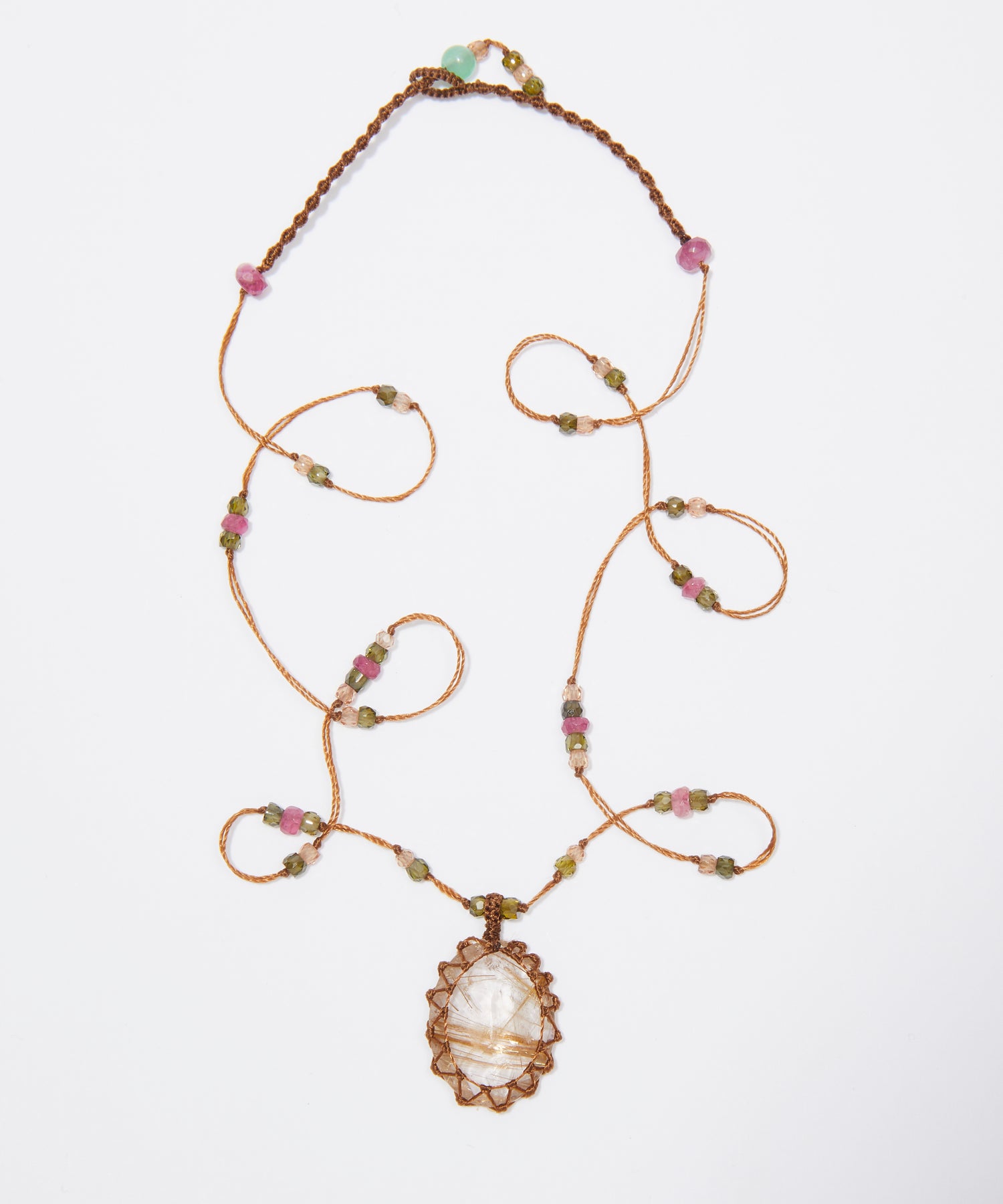 Tibetan Short Necklace - Gold Rutile Quartz - Mix Pink Tourmaline - Tobacco Thread