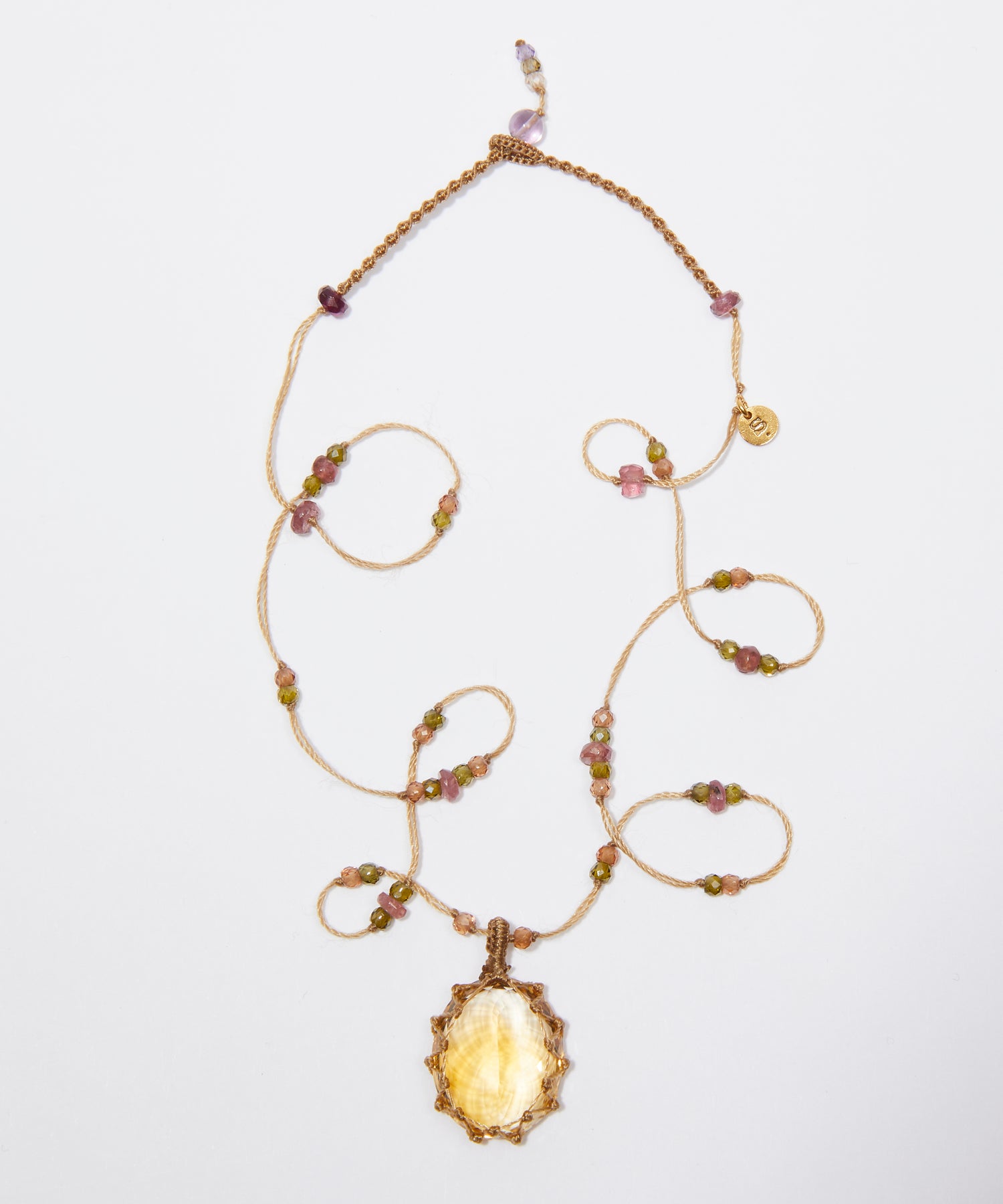 Collier Court Tibétain - Citrine - Mix Tourmaline - Fil Beige