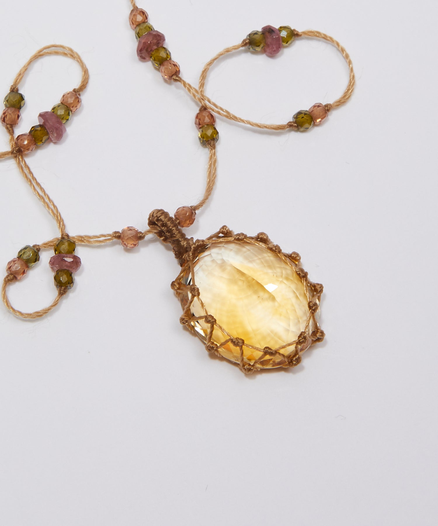 Collier Court Tibétain - Citrine - Mix Tourmaline - Fil Beige