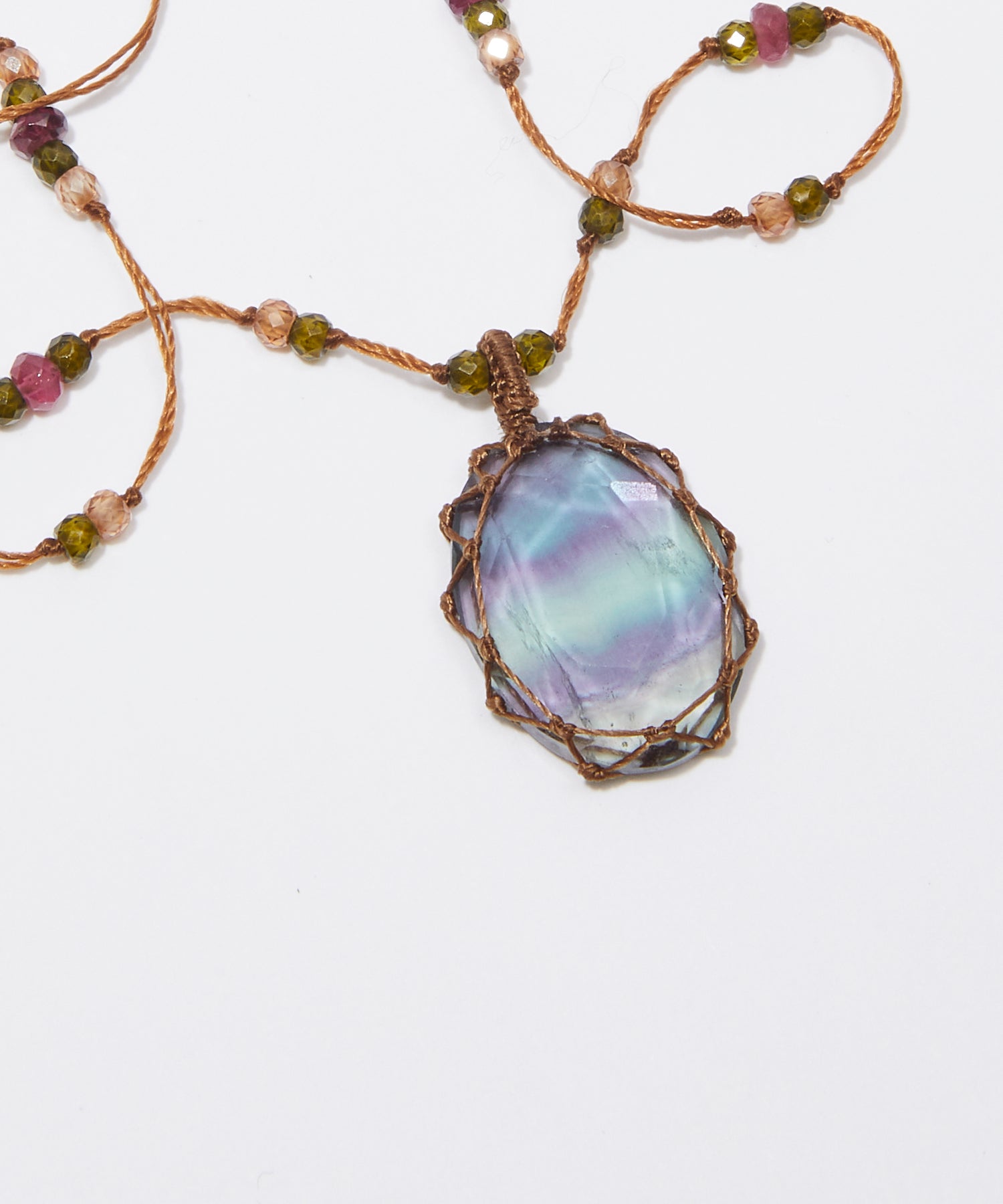 Tibetan Short Necklace - Rainbow Fluorite - Amethyst Mix - Beige Thread